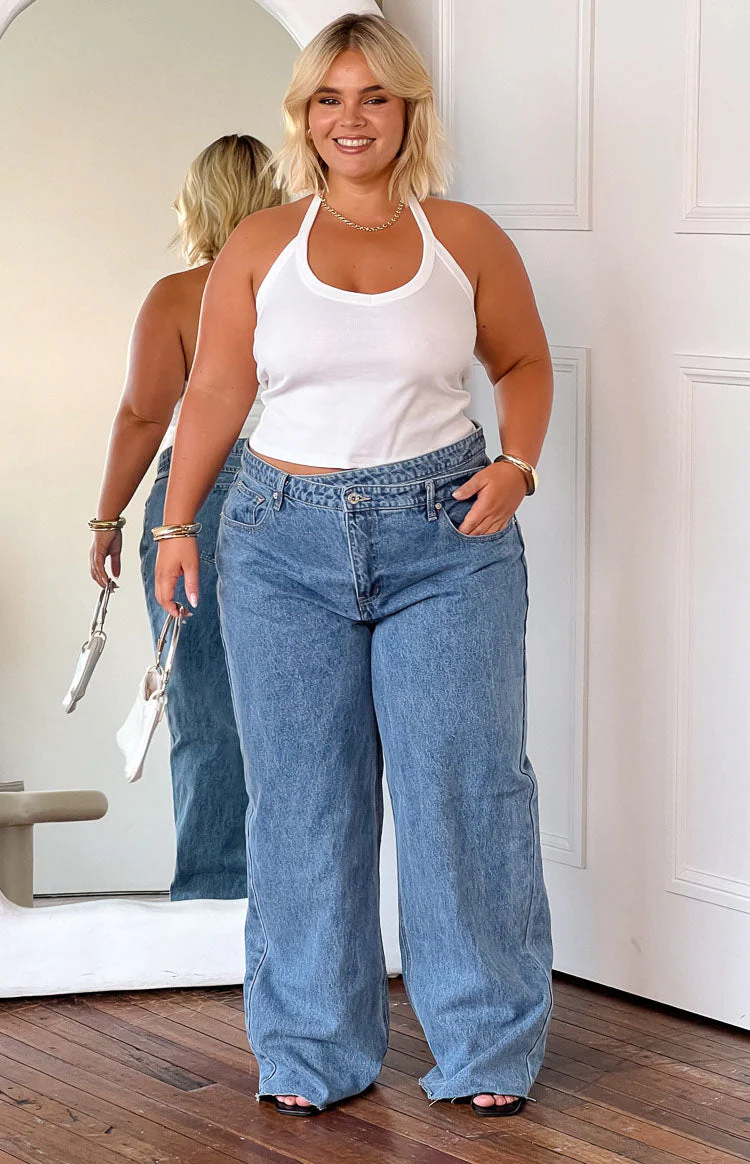 Kansis Blue Uneven Waist Jeans