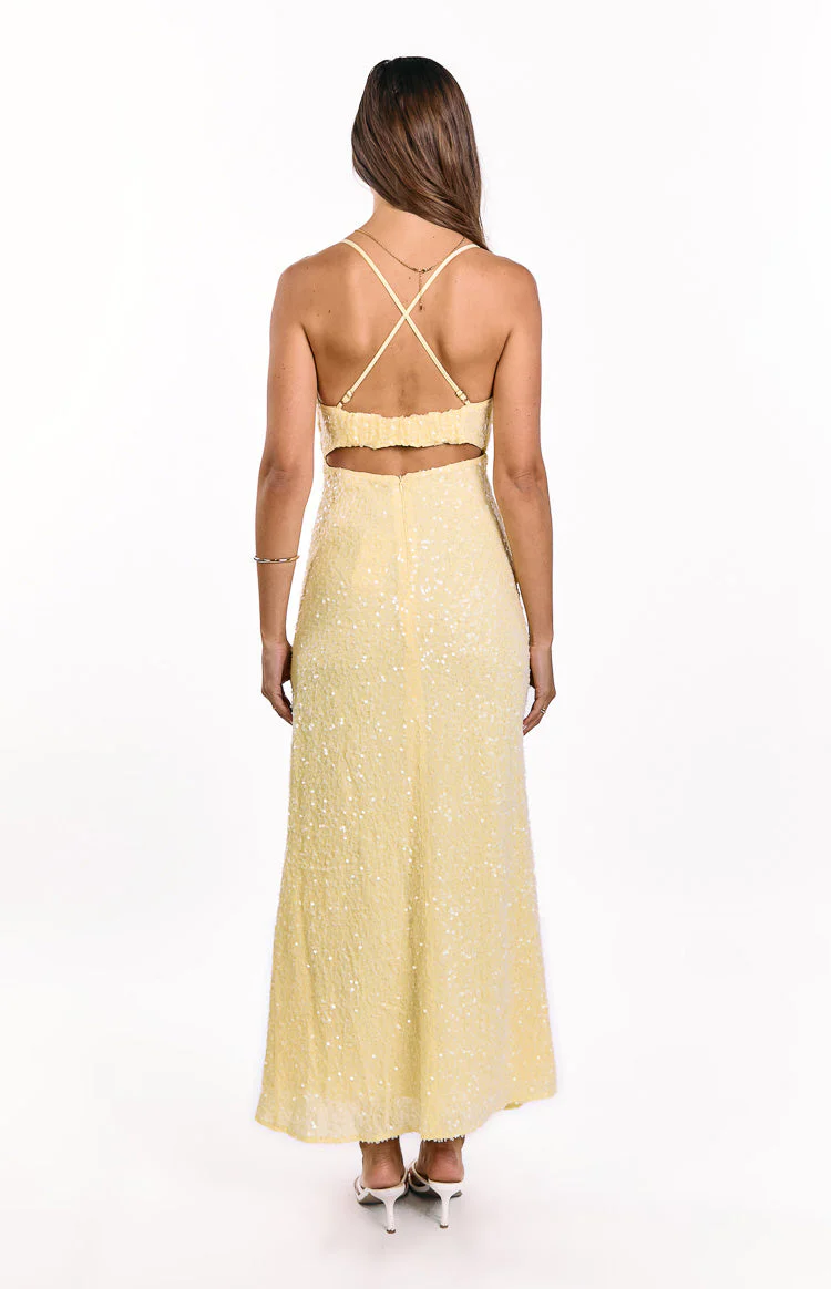 Fallon Yellow Sequin Cut Out Formal Maxi dress