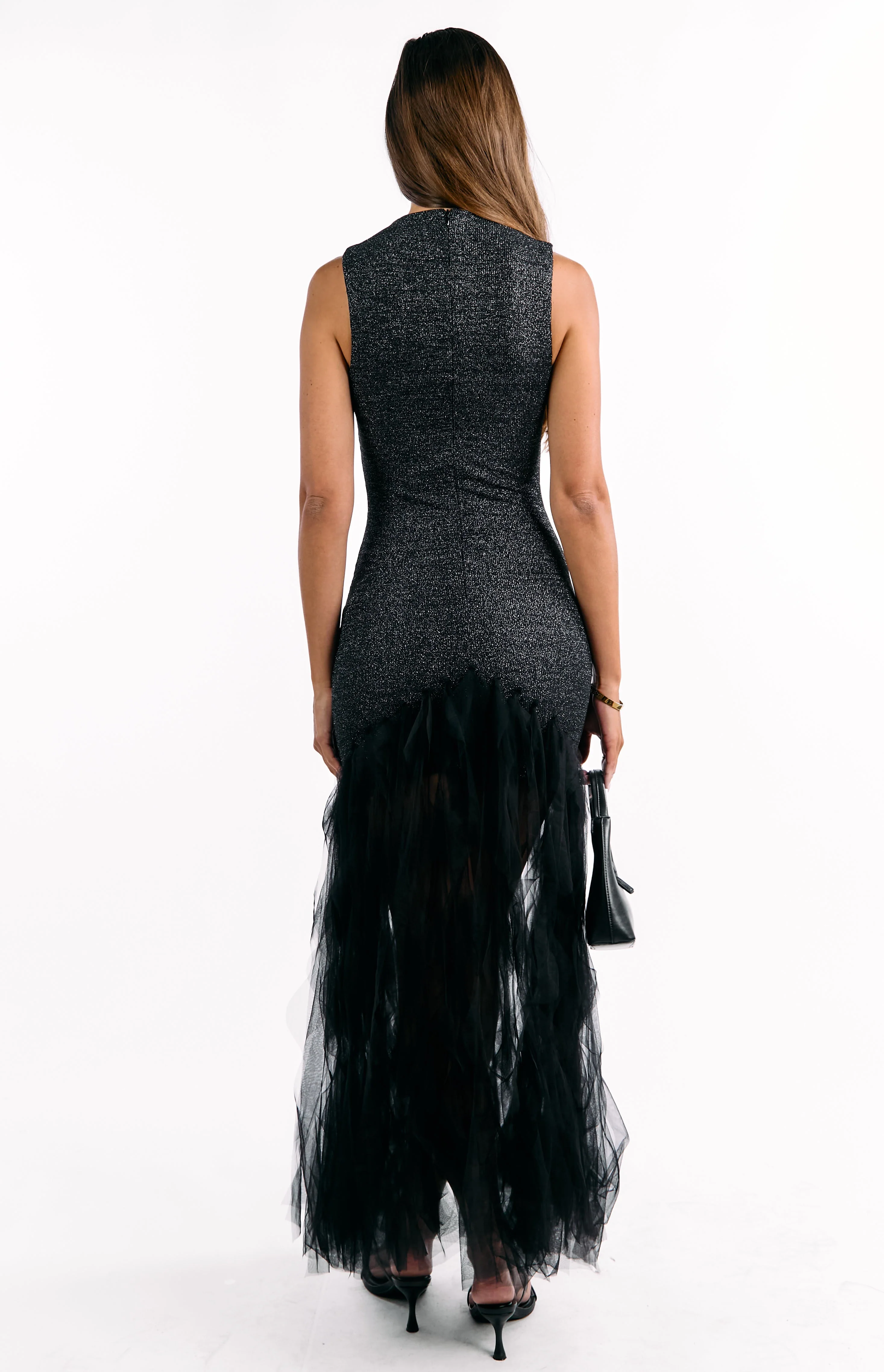 Courtni Black Sequin Ruffle Maxi Dress