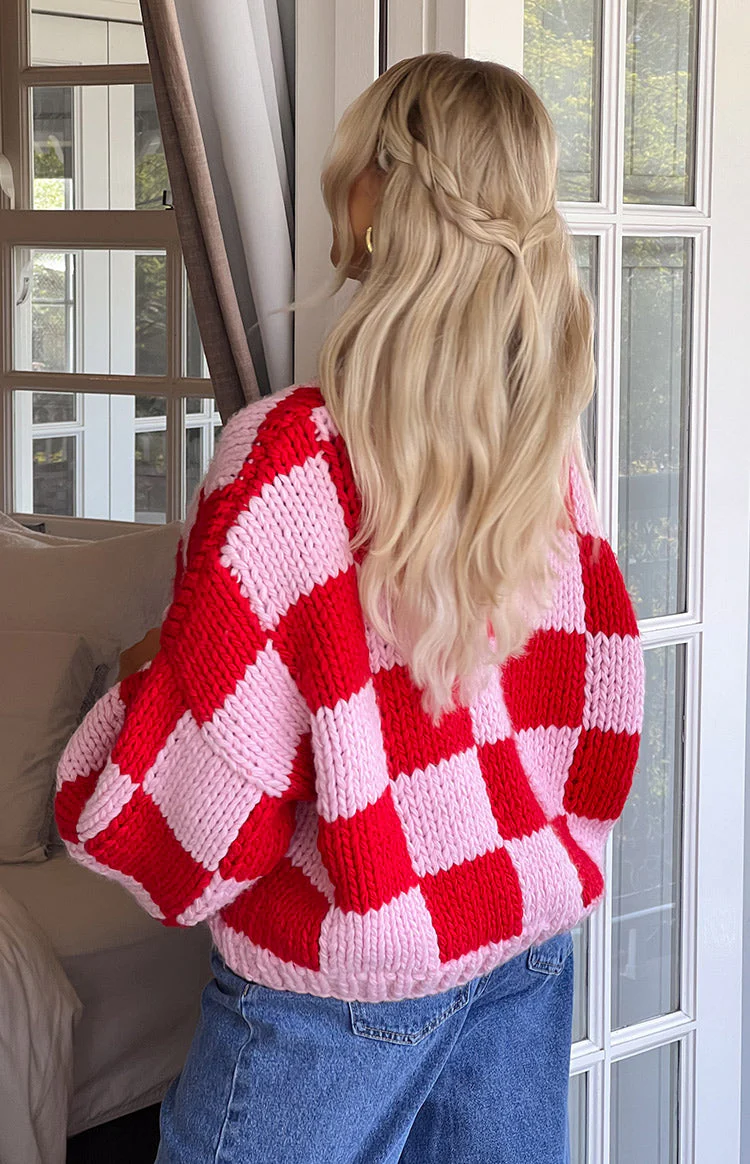 Envi Pink And Red Checkered Knit Cardigan