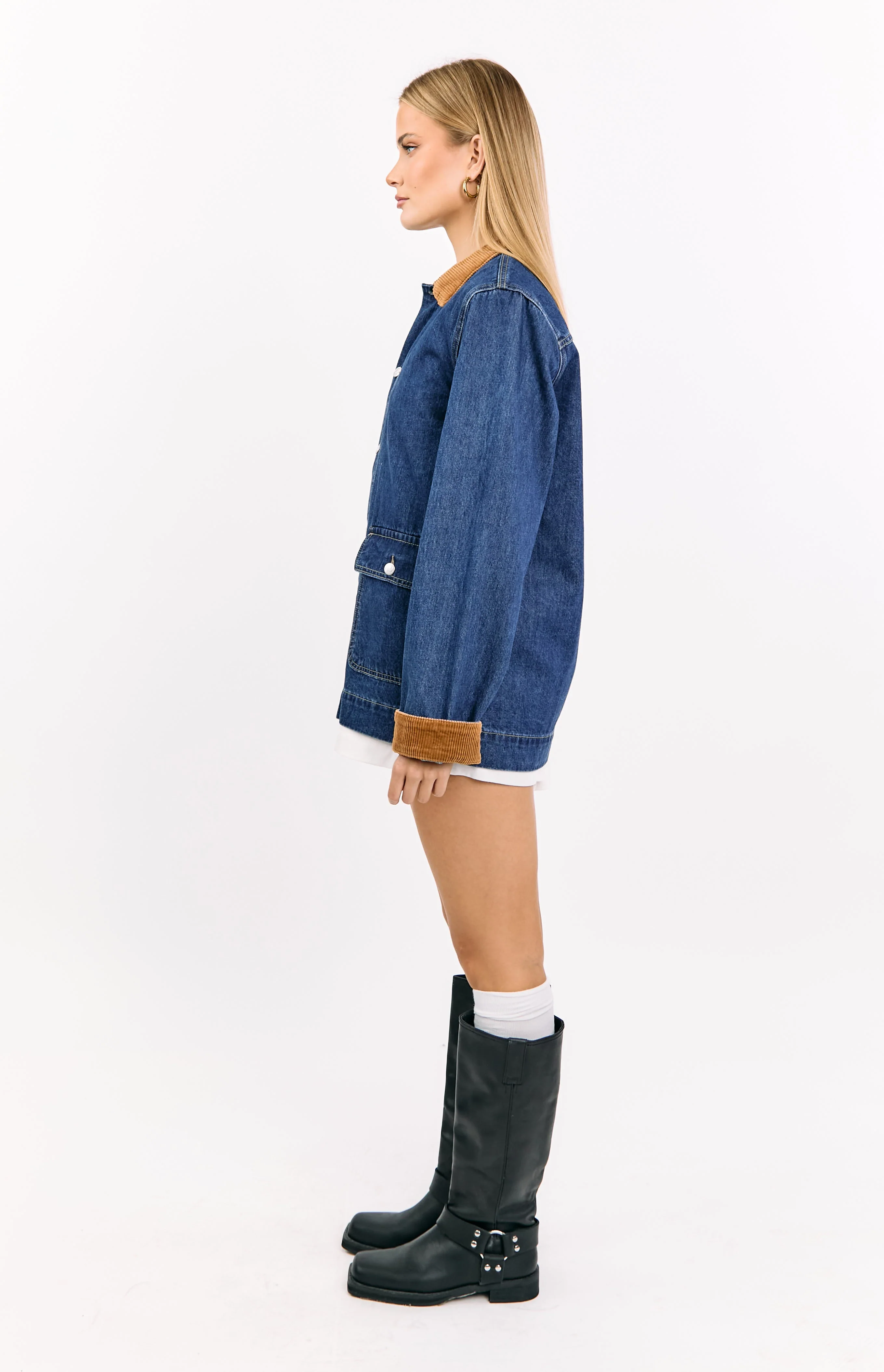 Hendrick Mid Wash Denim Cord Trim Oversized Jacket