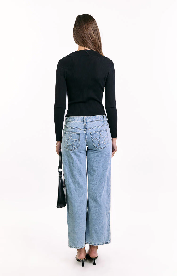 Nina Black Ribbed Knit Long Sleeve Sweater