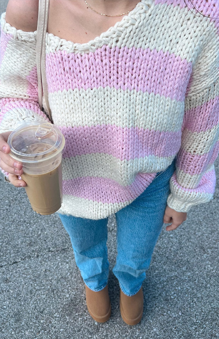 Delvey Pink Striped Chunky Knit Sweater
