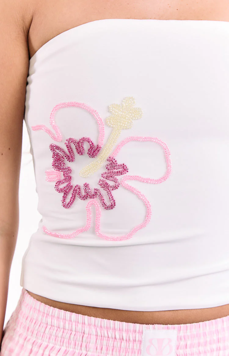 Pippen White Floral Beaded Strapless Top