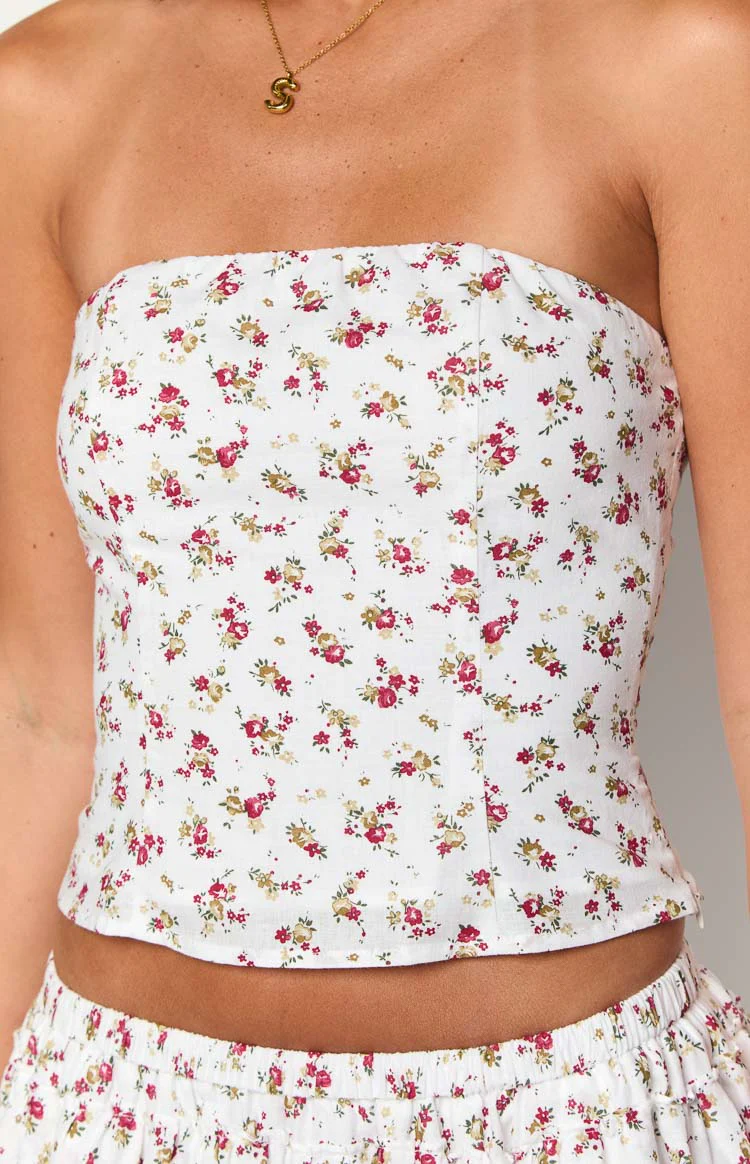 Paisley White Floral Strapless Top