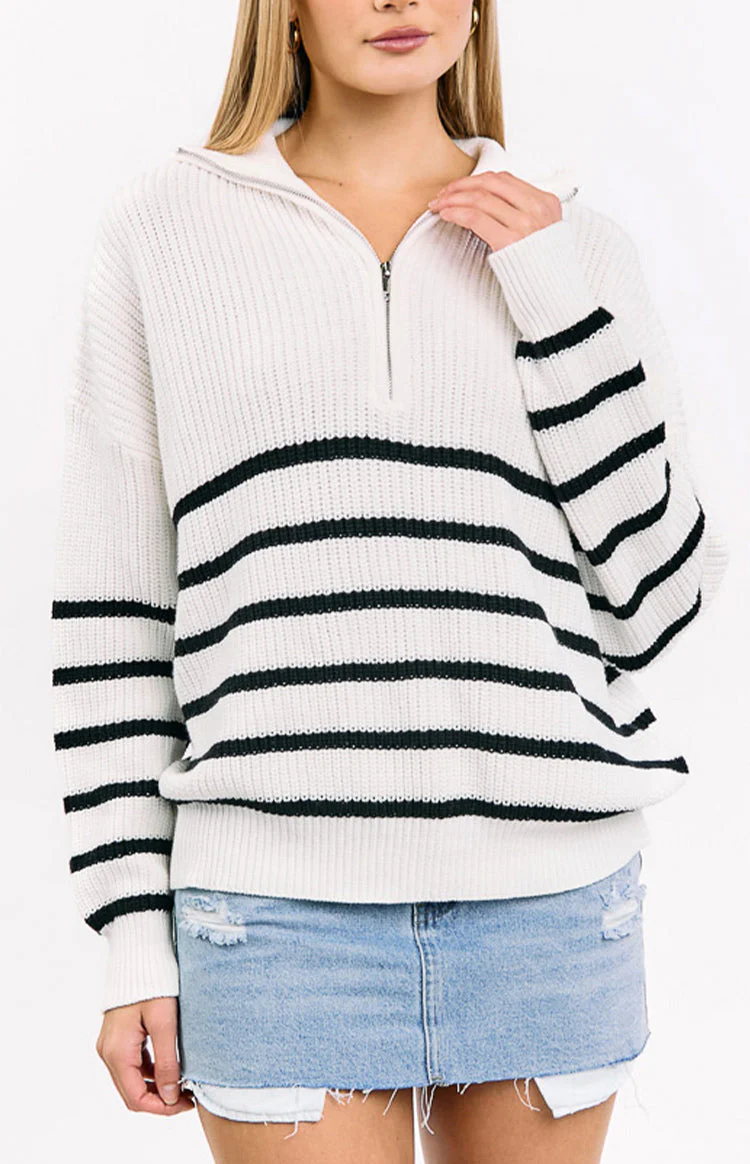 Copenhagen Cream Stripe Quarter Zip Knit Jumper