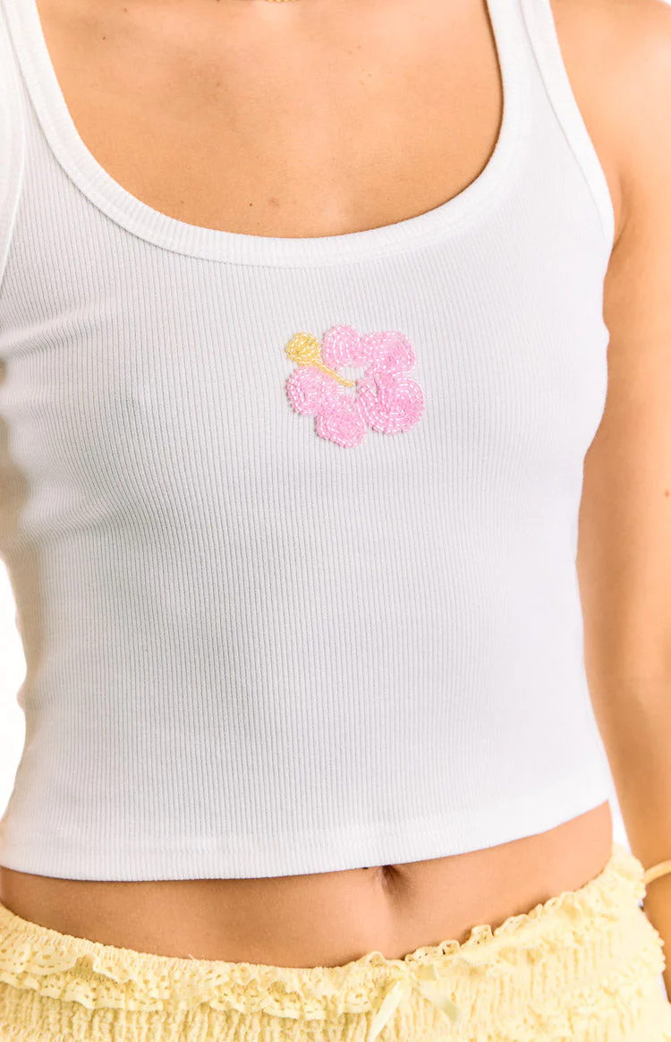 Carlie White Beaded Hibiscus Ribbed Tank Top