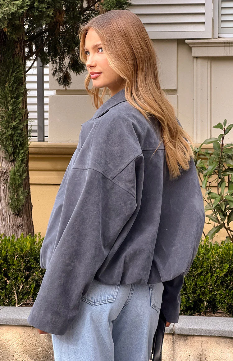 River Steel Grey Suedette Bubble Hem Bomber Jacket