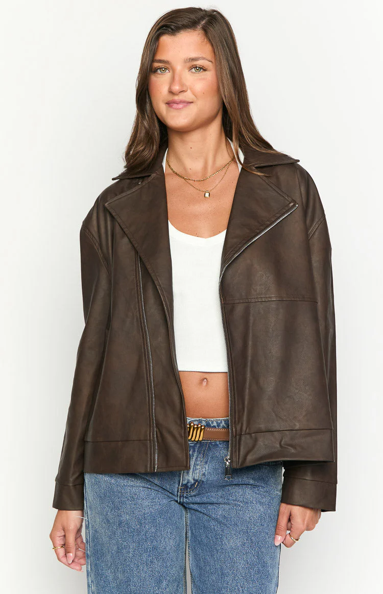 Rochelle PU Chocolate Brown Oversized Biker Jacket