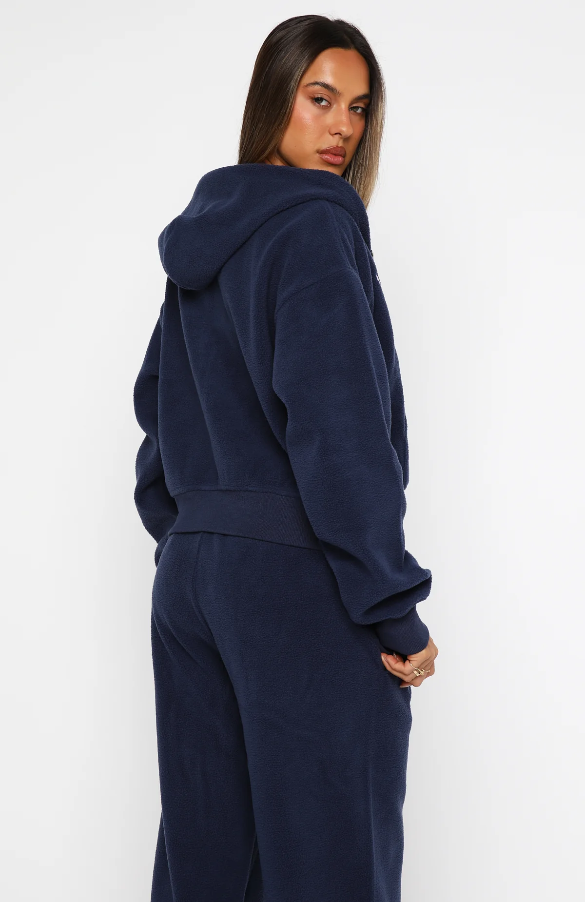 Just For Now Fleece Boxy Zip Front Hoodie Navy