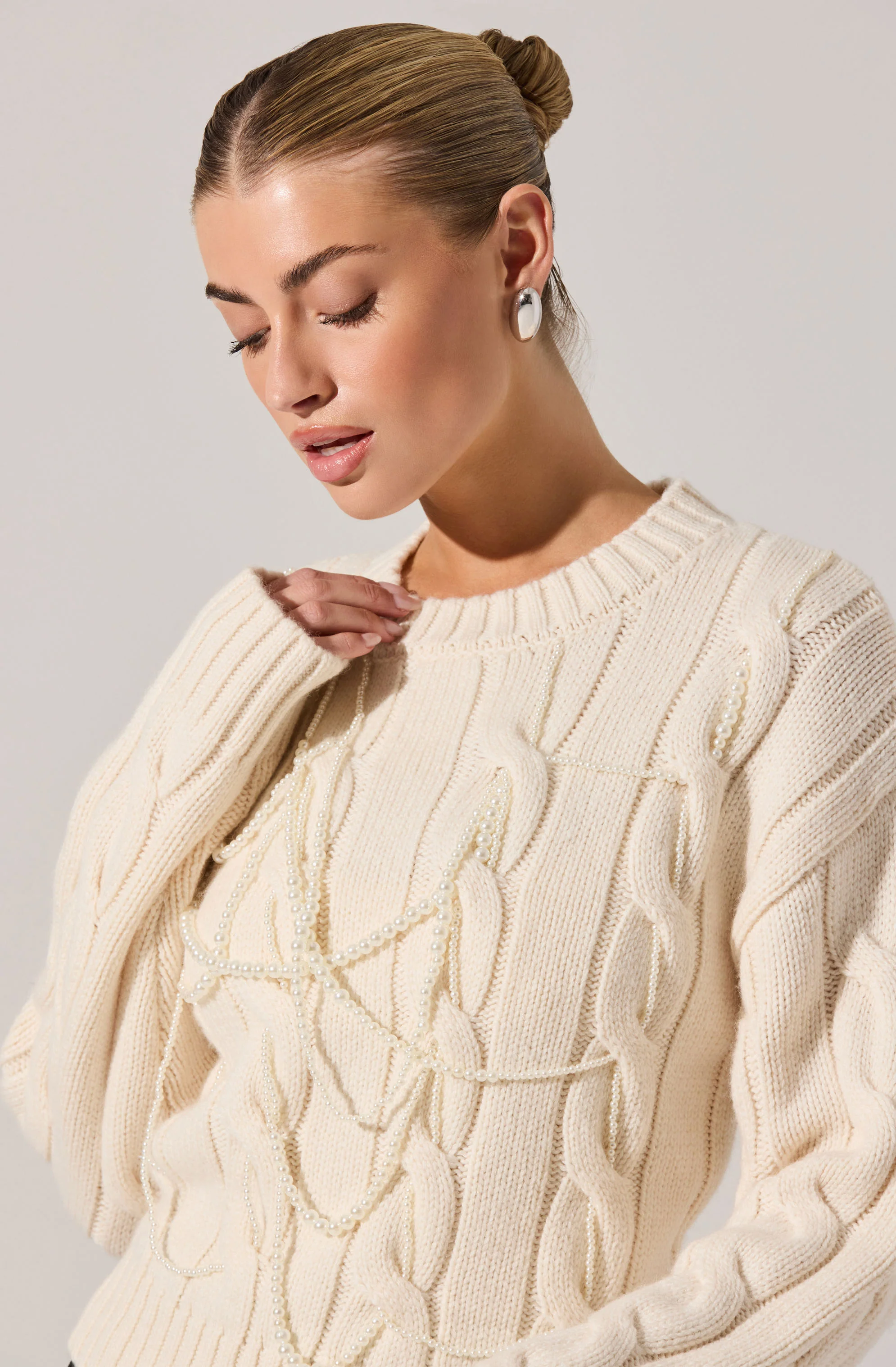 Pennina Pearl Embellished Cable Sweater
