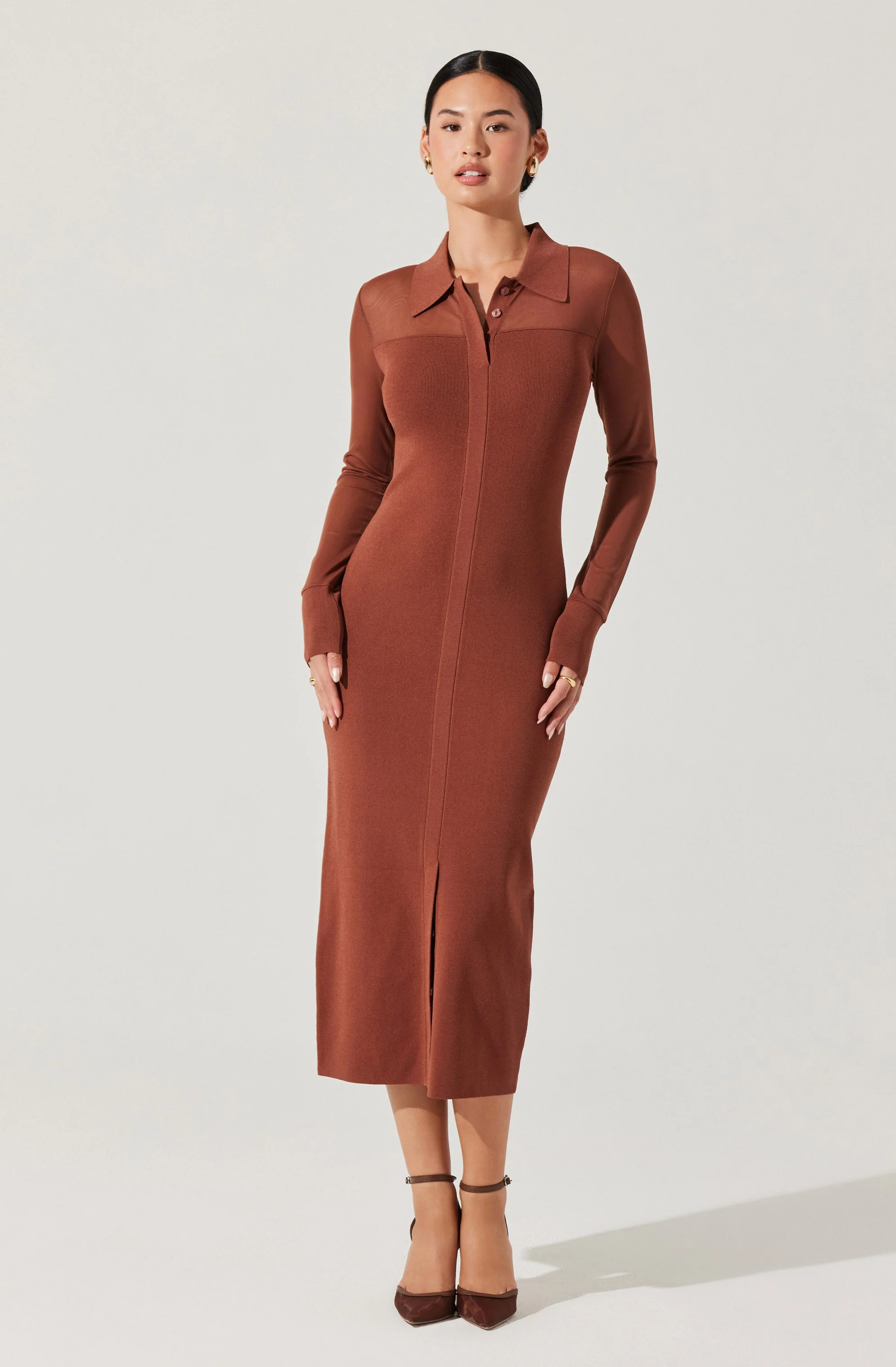 Contrast Mesh Collared Midi Dress