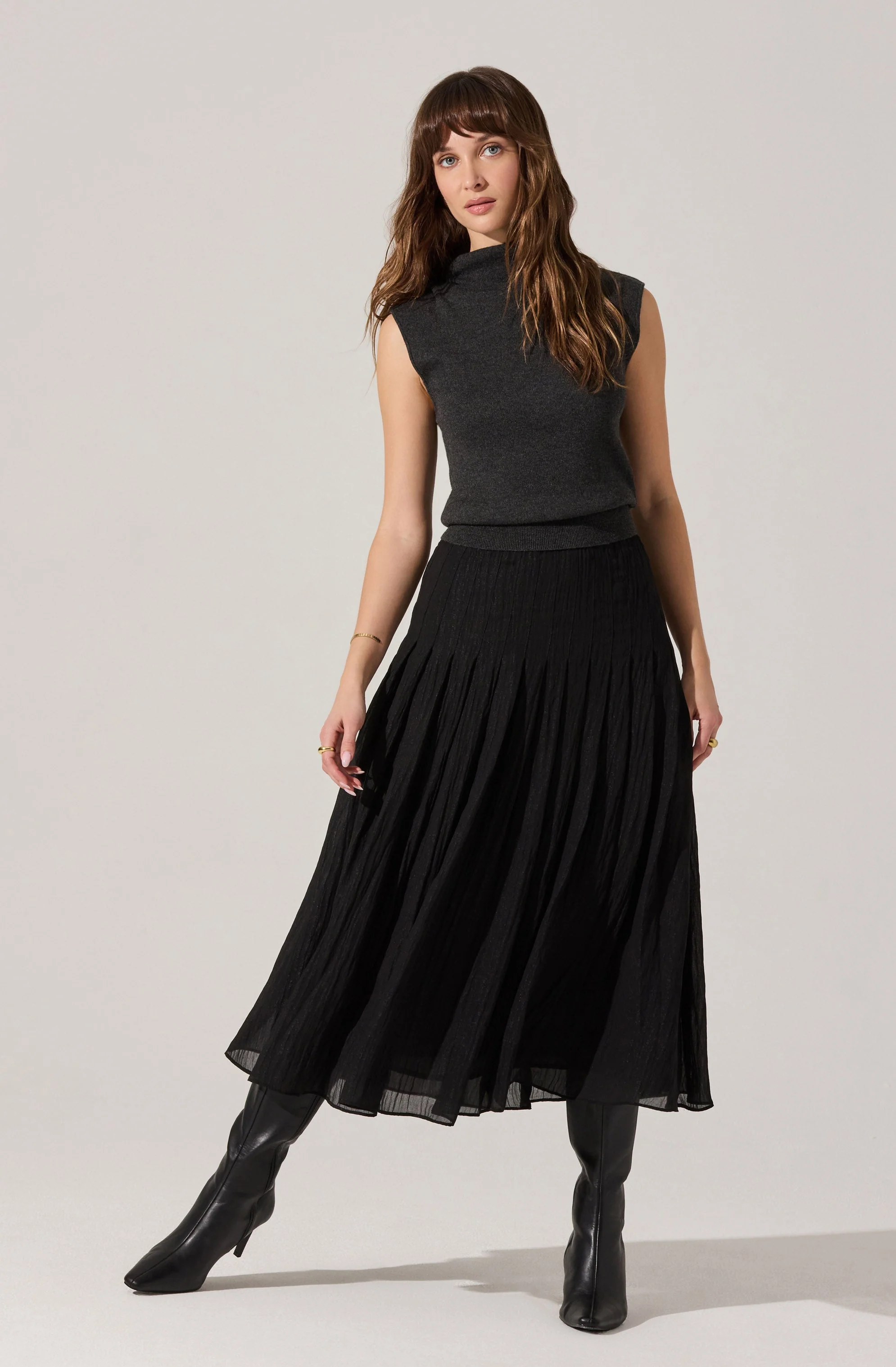 Daivini Pleated Crinkle Midi Skirt