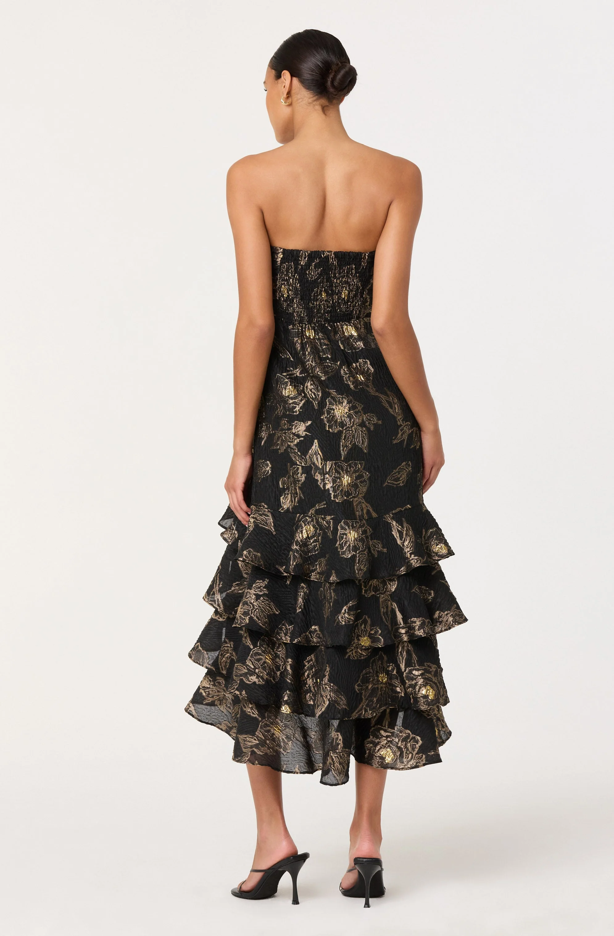 Marysia Strapless Metallic Floral Midi Dress
