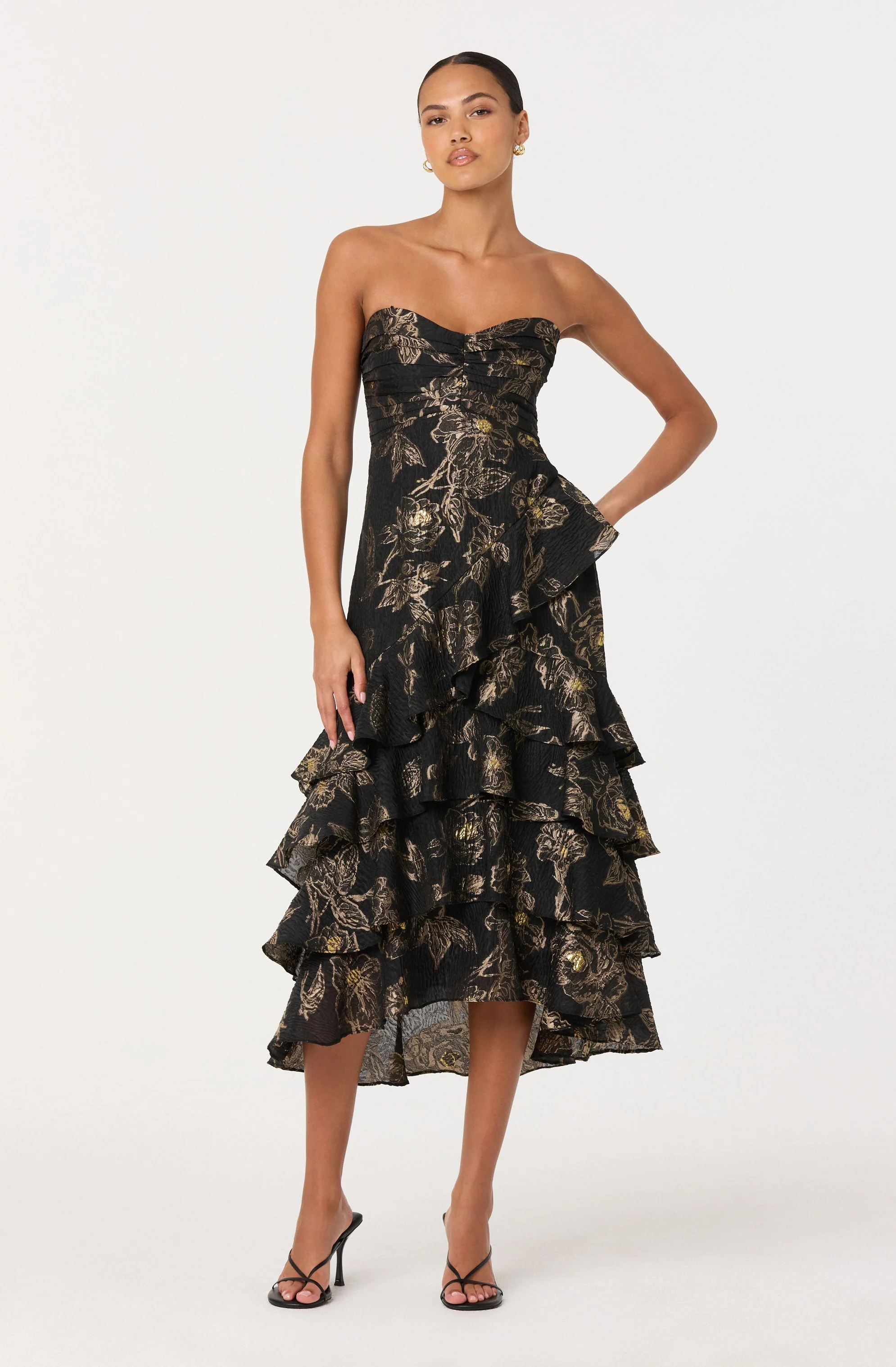 Marysia Strapless Metallic Floral Midi Dress
