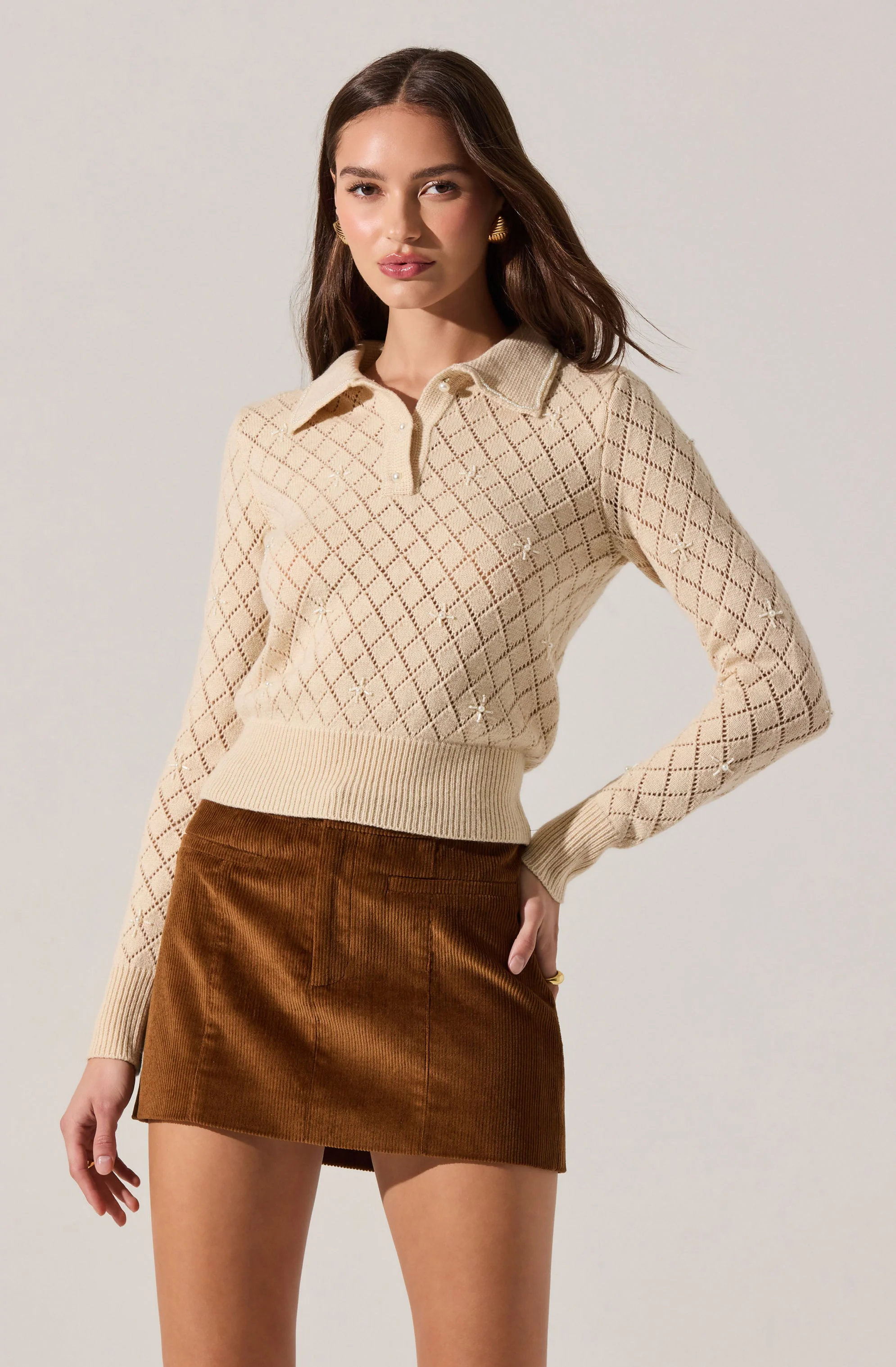 Aspyn Embellished Pointelle Polo Sweater