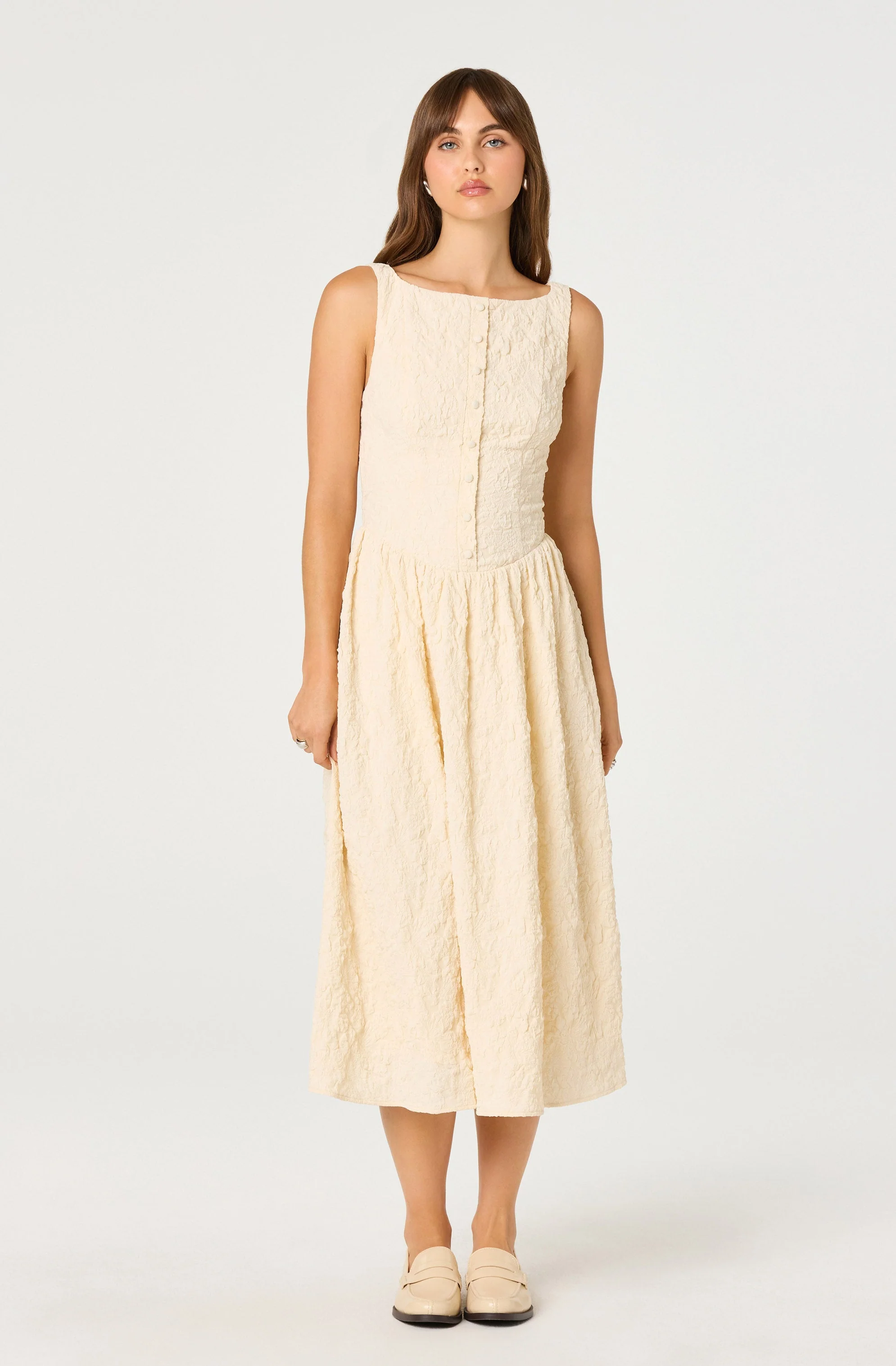 Button Front Boat Neck Midi Dress