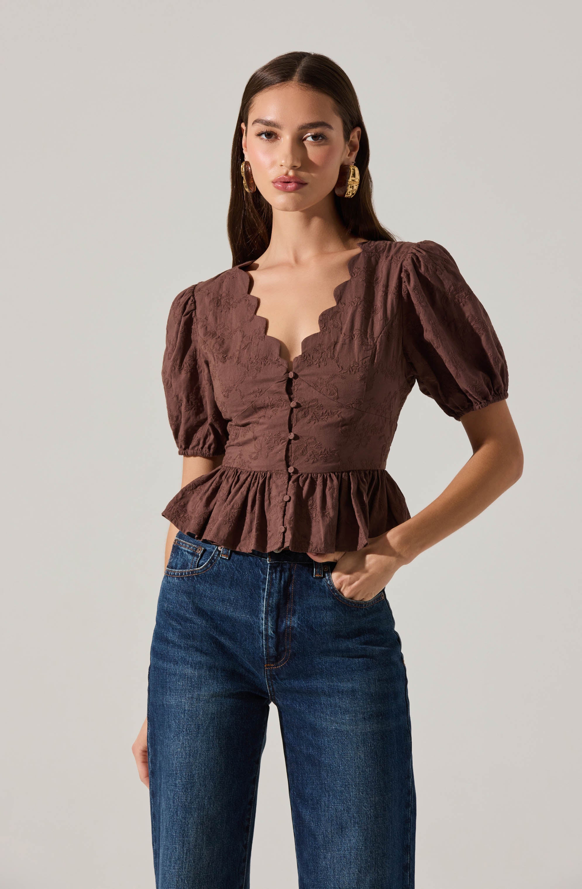 Arely Scalloped V-Neck Peplum Top