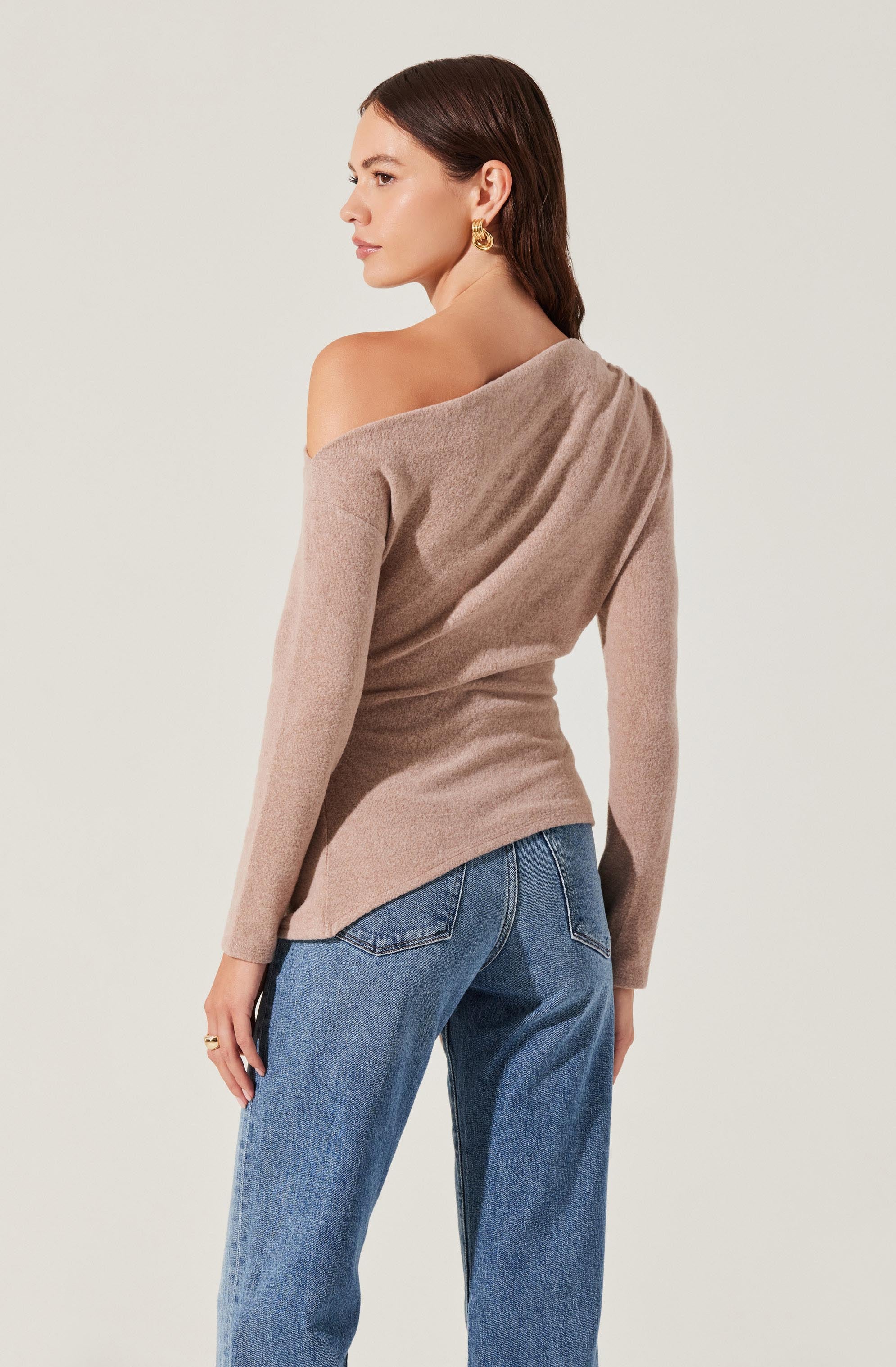 Asymmetrical Off Shoulder Tie Knit Top