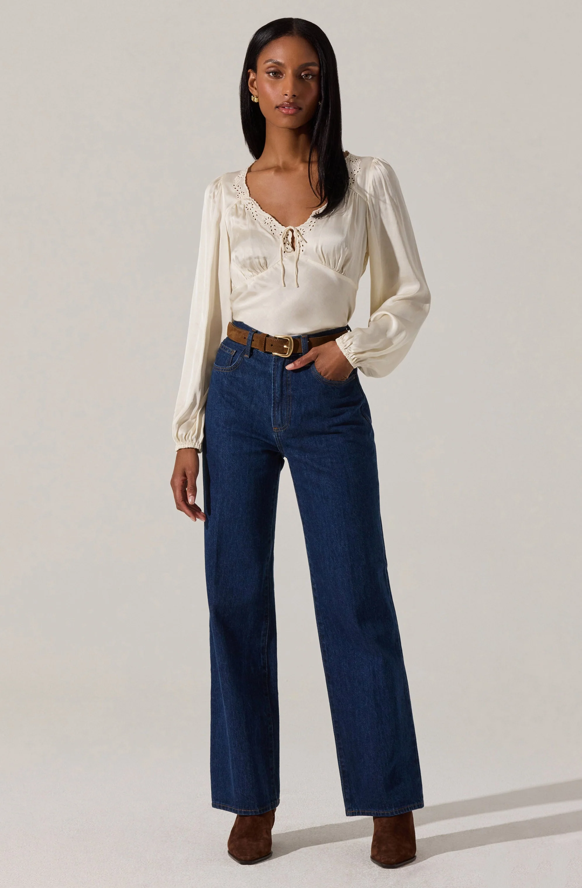 Roya Eyelet Trim Satin Top