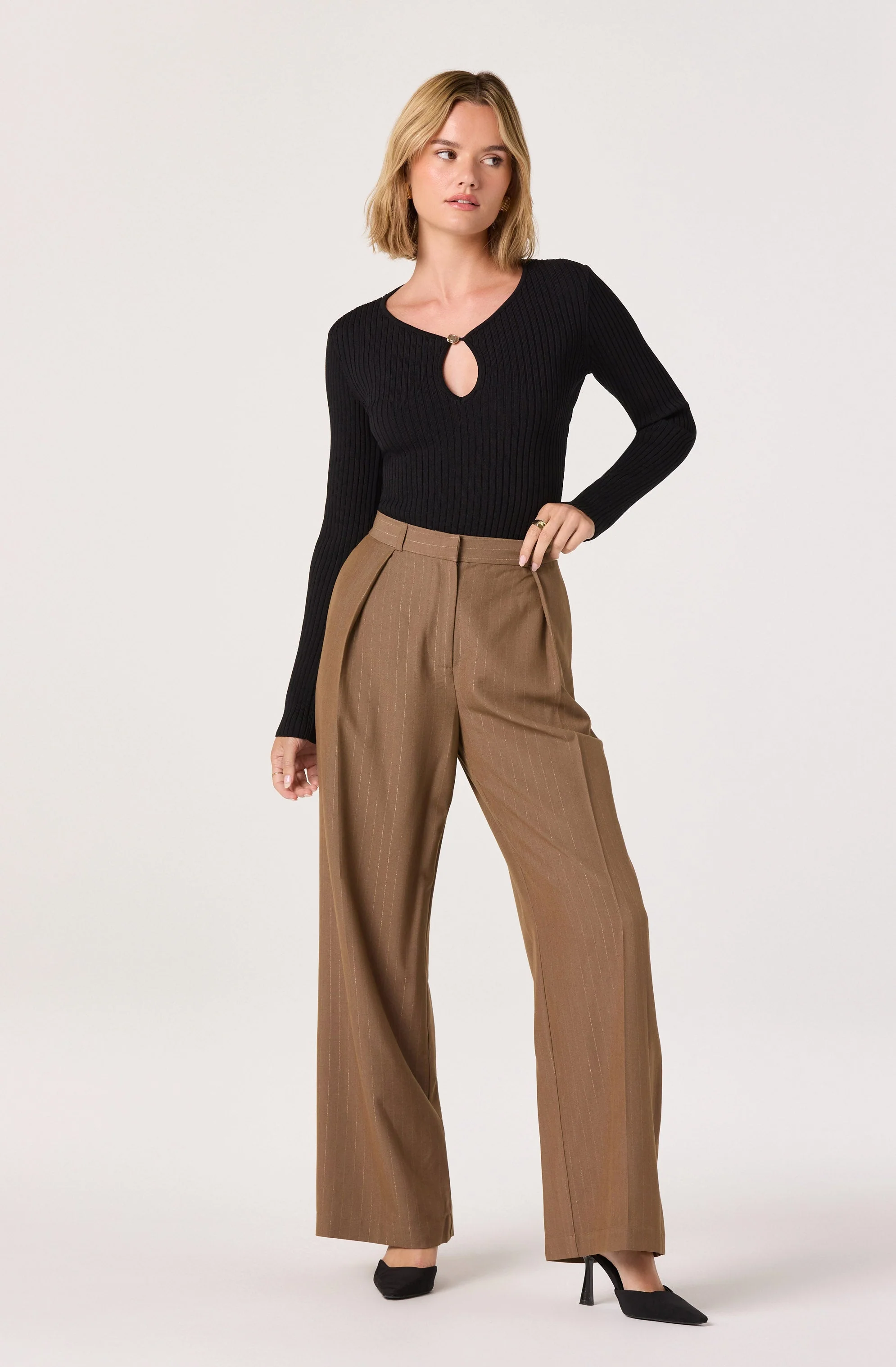 Pleated Metallic Pinstripe Trouser