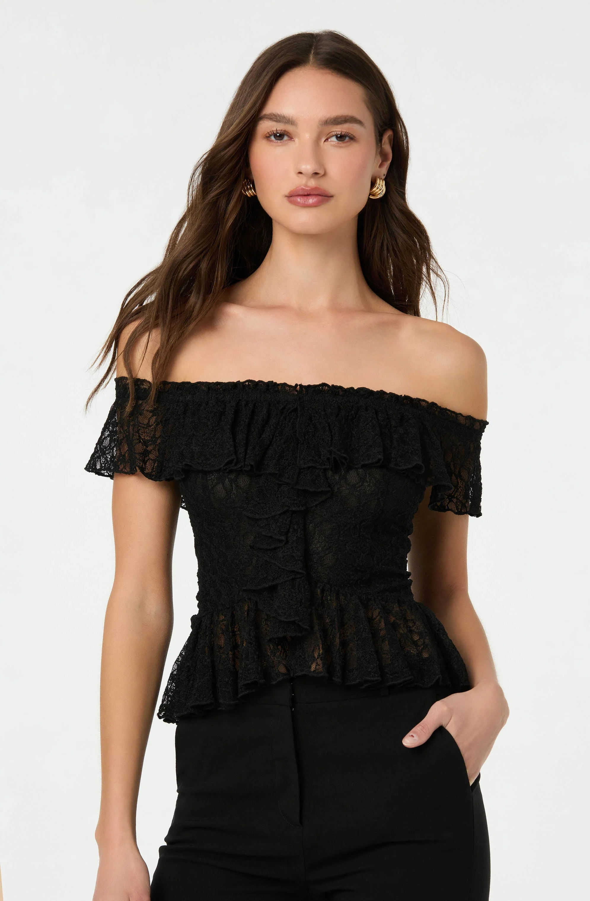 Lace Off Shoulder Ruffle Top