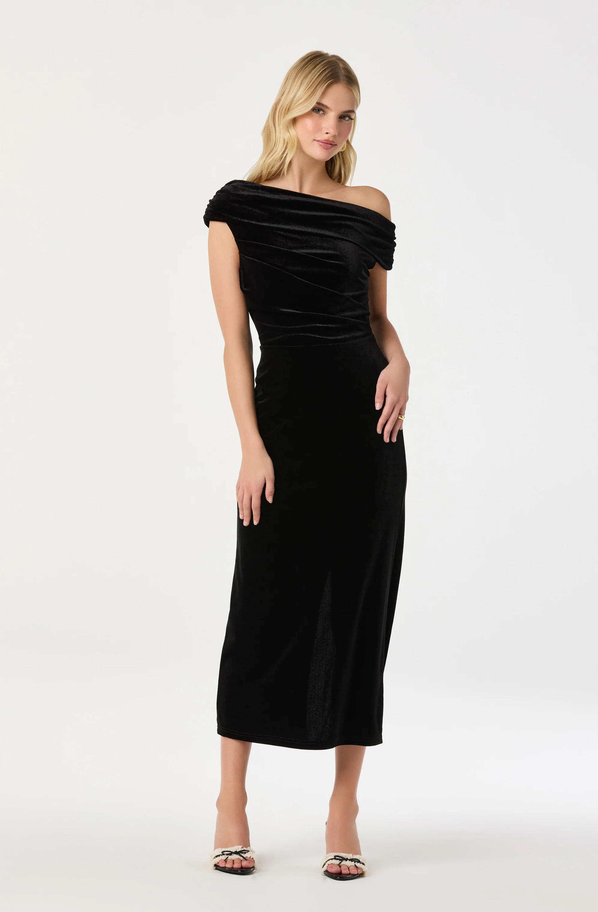 Velvet Off Shoulder Midi Dress