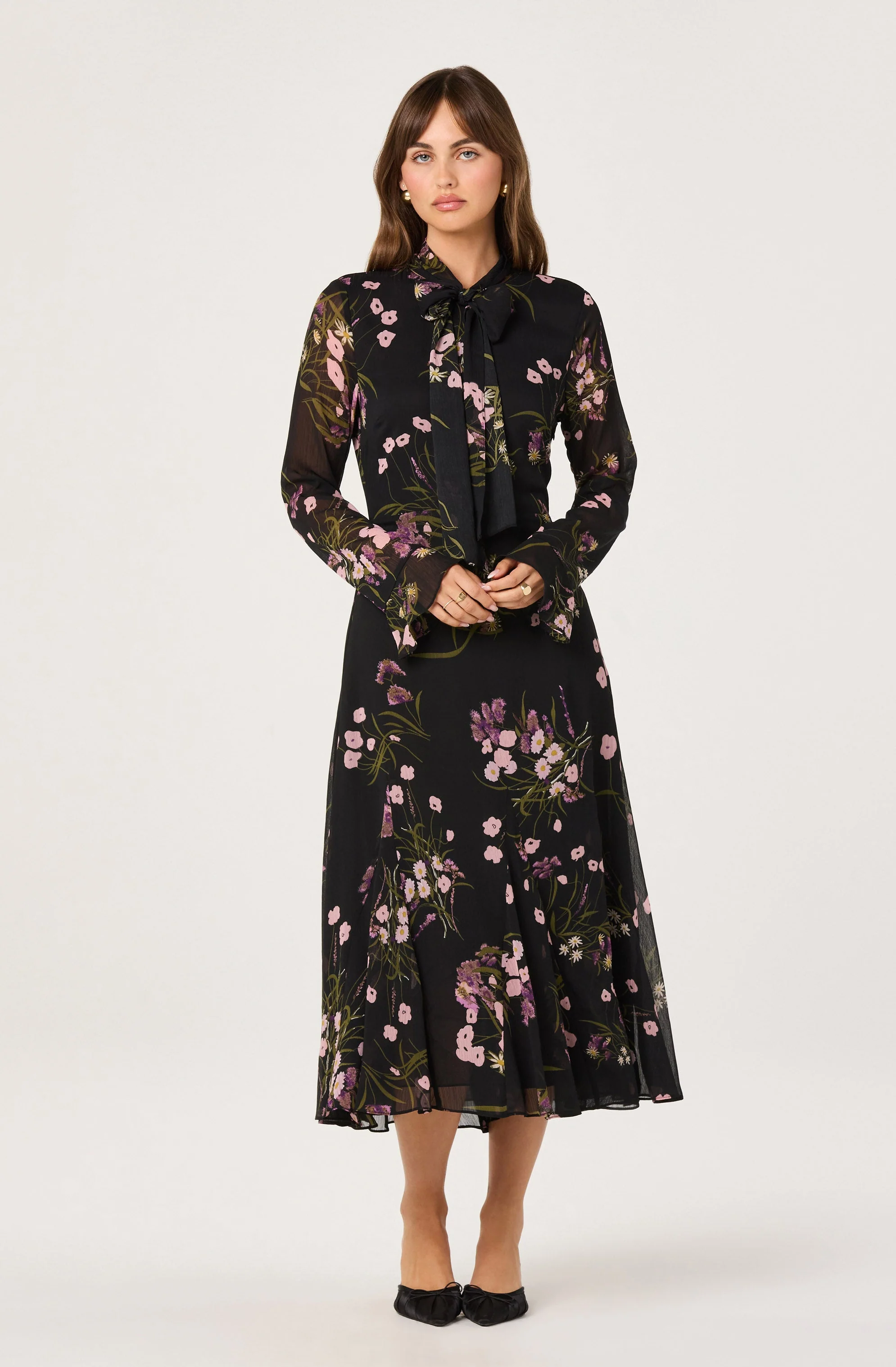 Tie-Neck Ruffled Floral Midi Dress