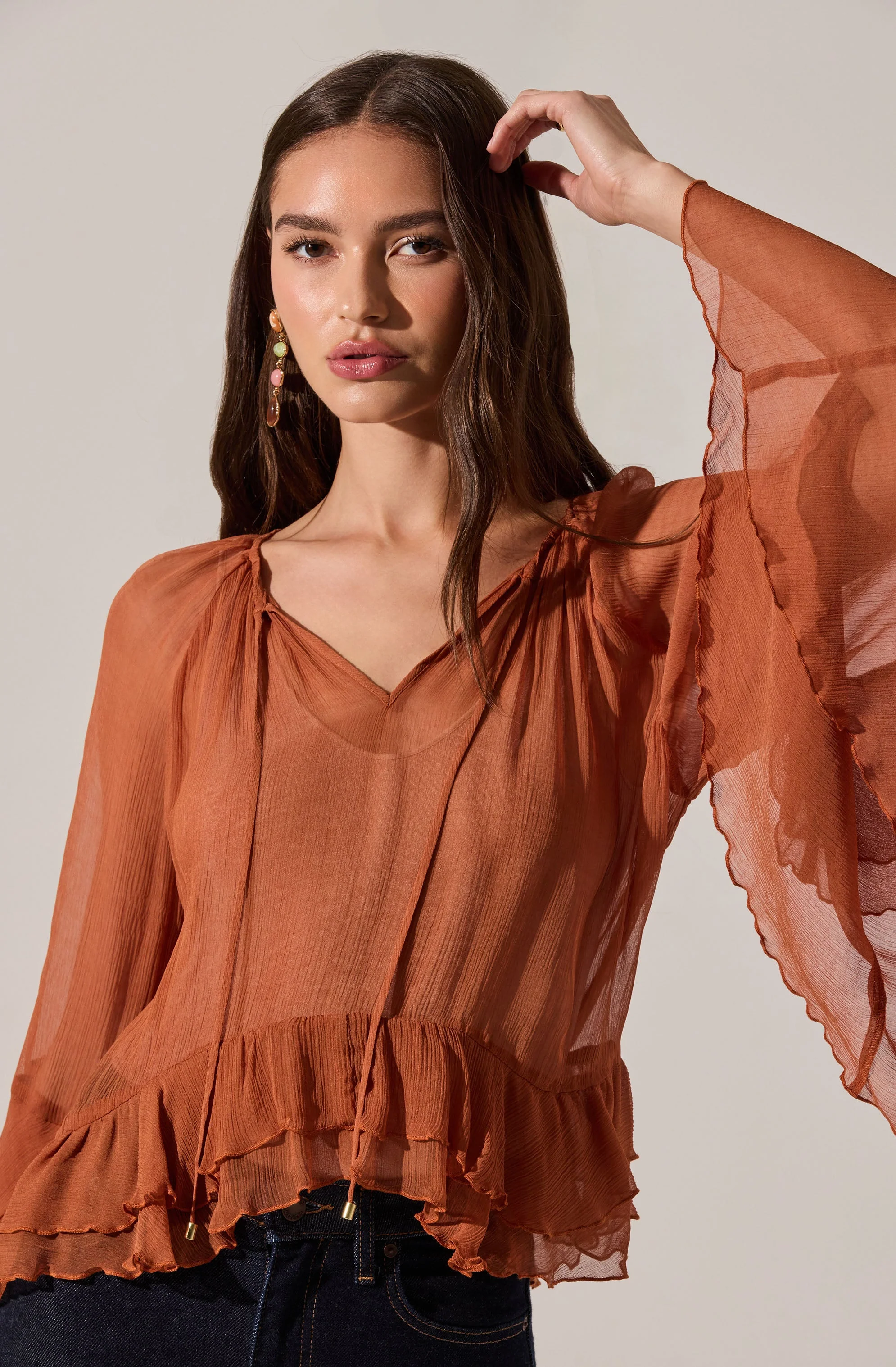 Margaery Sheer Ruffle Peplum Top