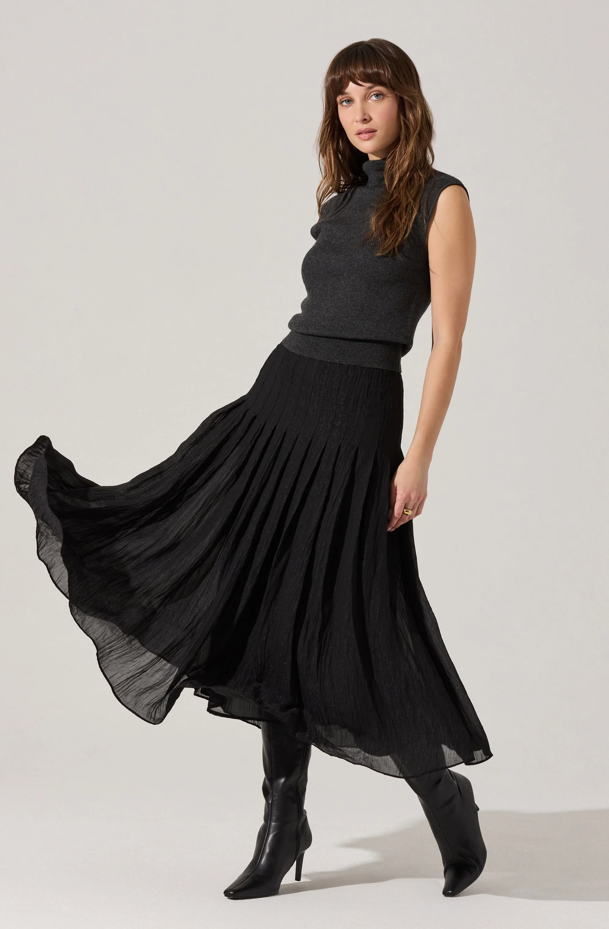 Daivini Pleated Crinkle Midi Skirt