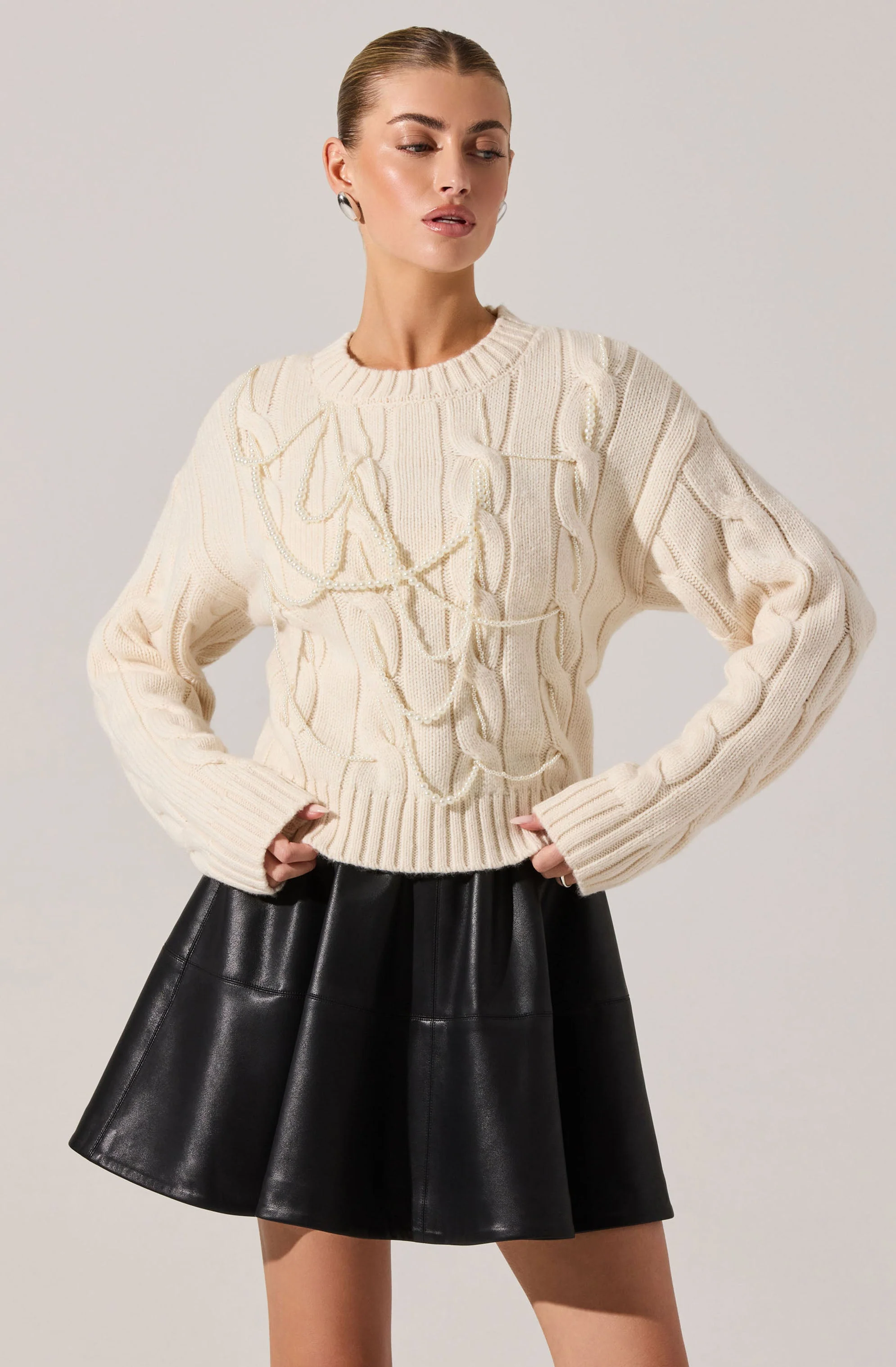 Pennina Pearl Embellished Cable Sweater