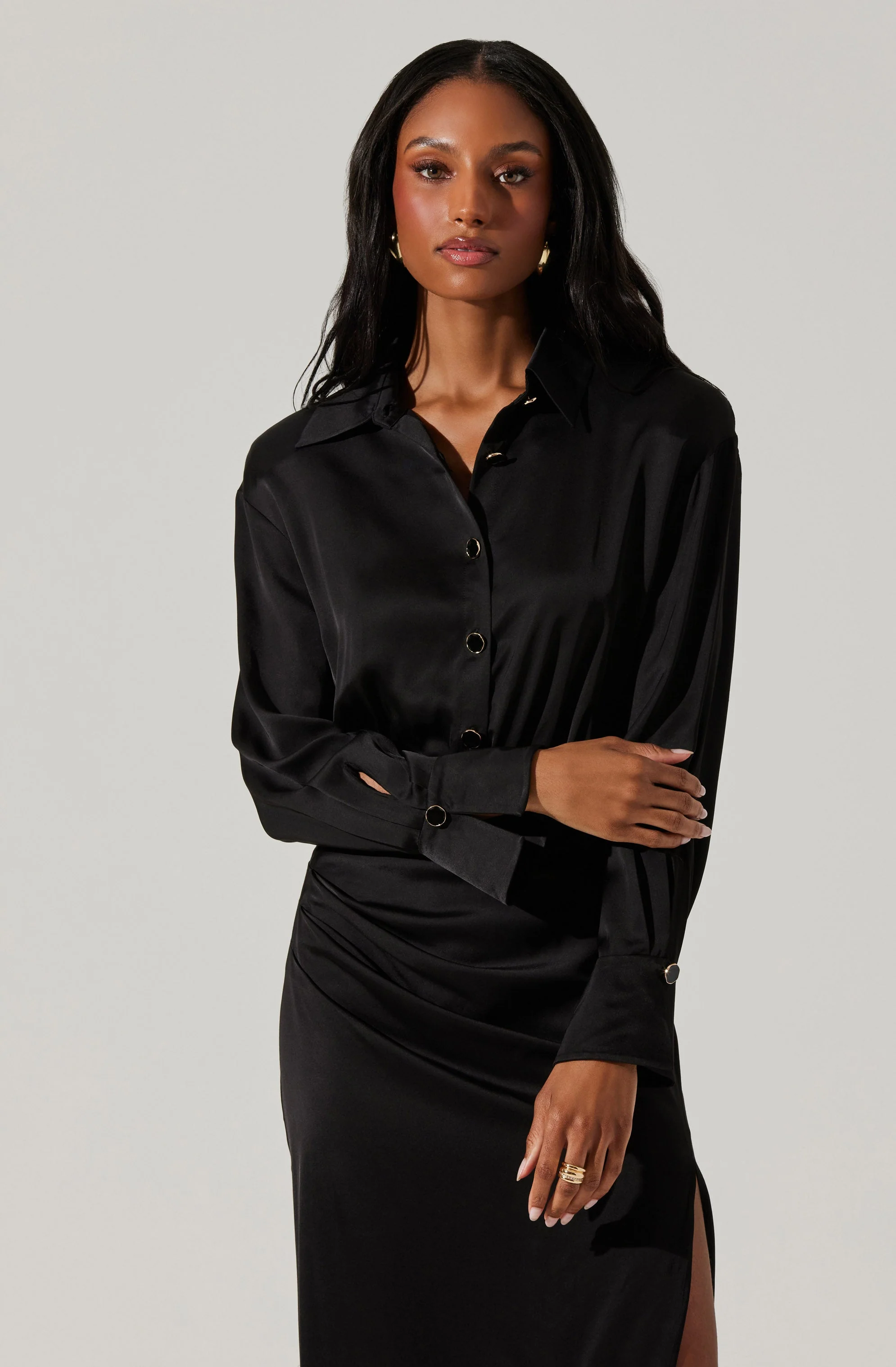 Elizabello Satin Midi Shirt Dress