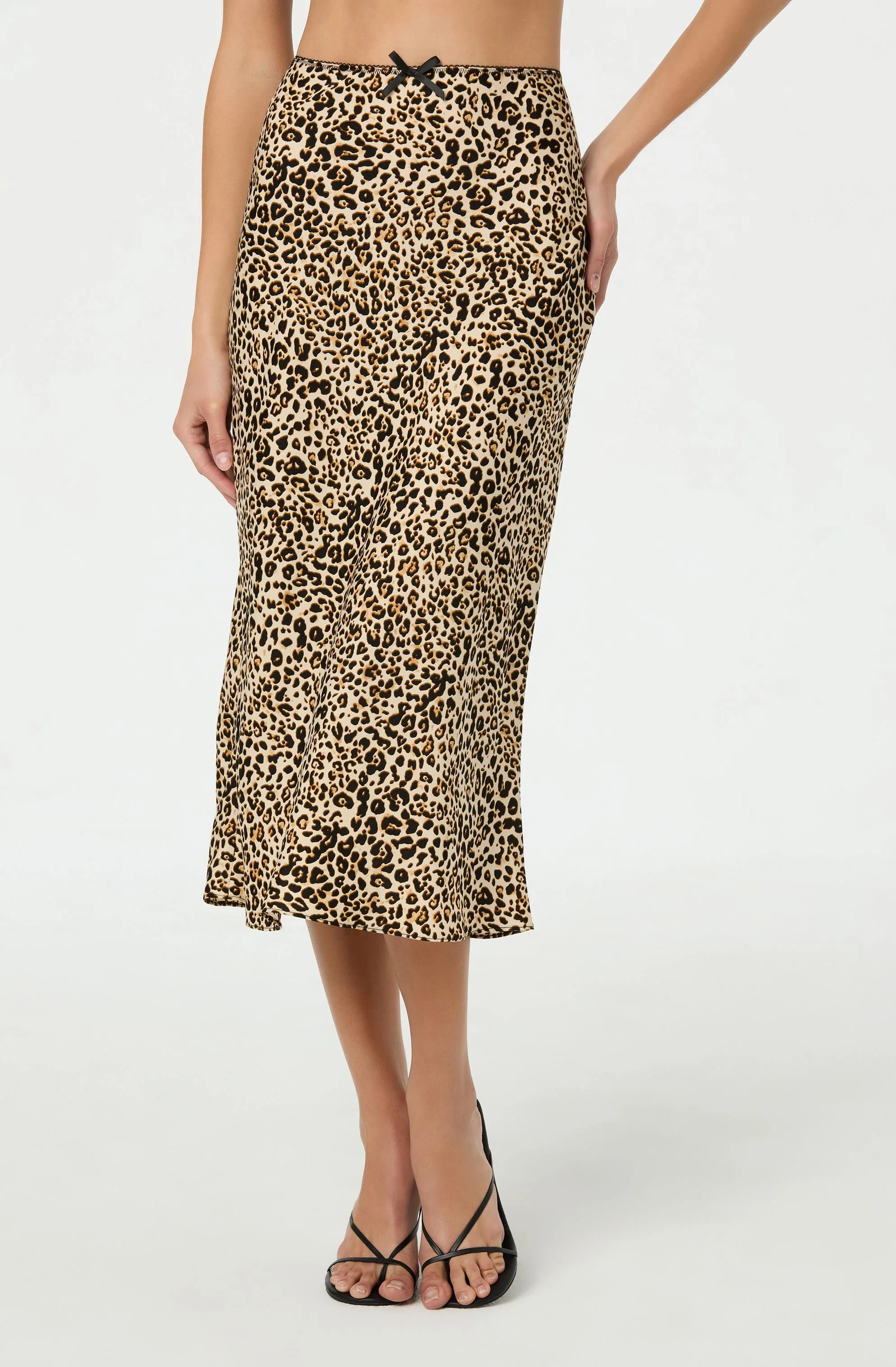 Satin Leopard Print Midi Skirt