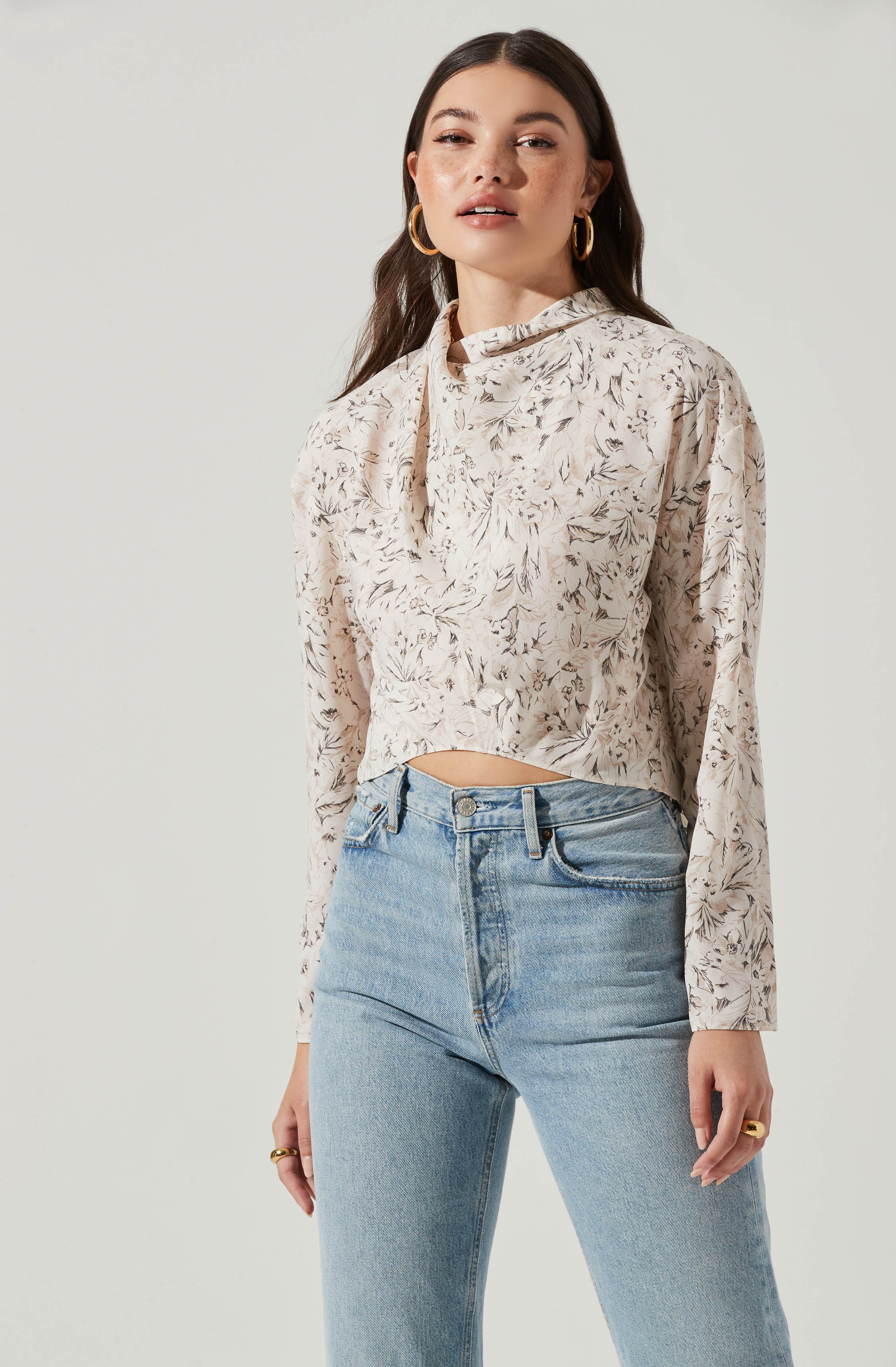 Long Sleeve Drape Tie Back Neck Back Top