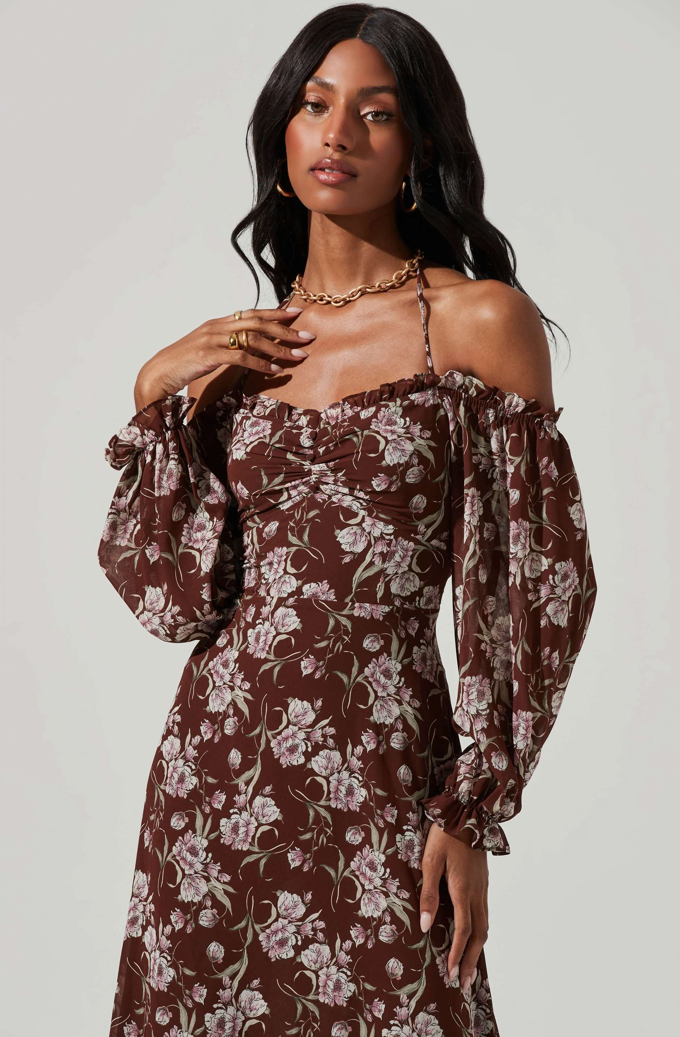 Off Shoulder Long Sleeve Cinched Bust Midi Dress