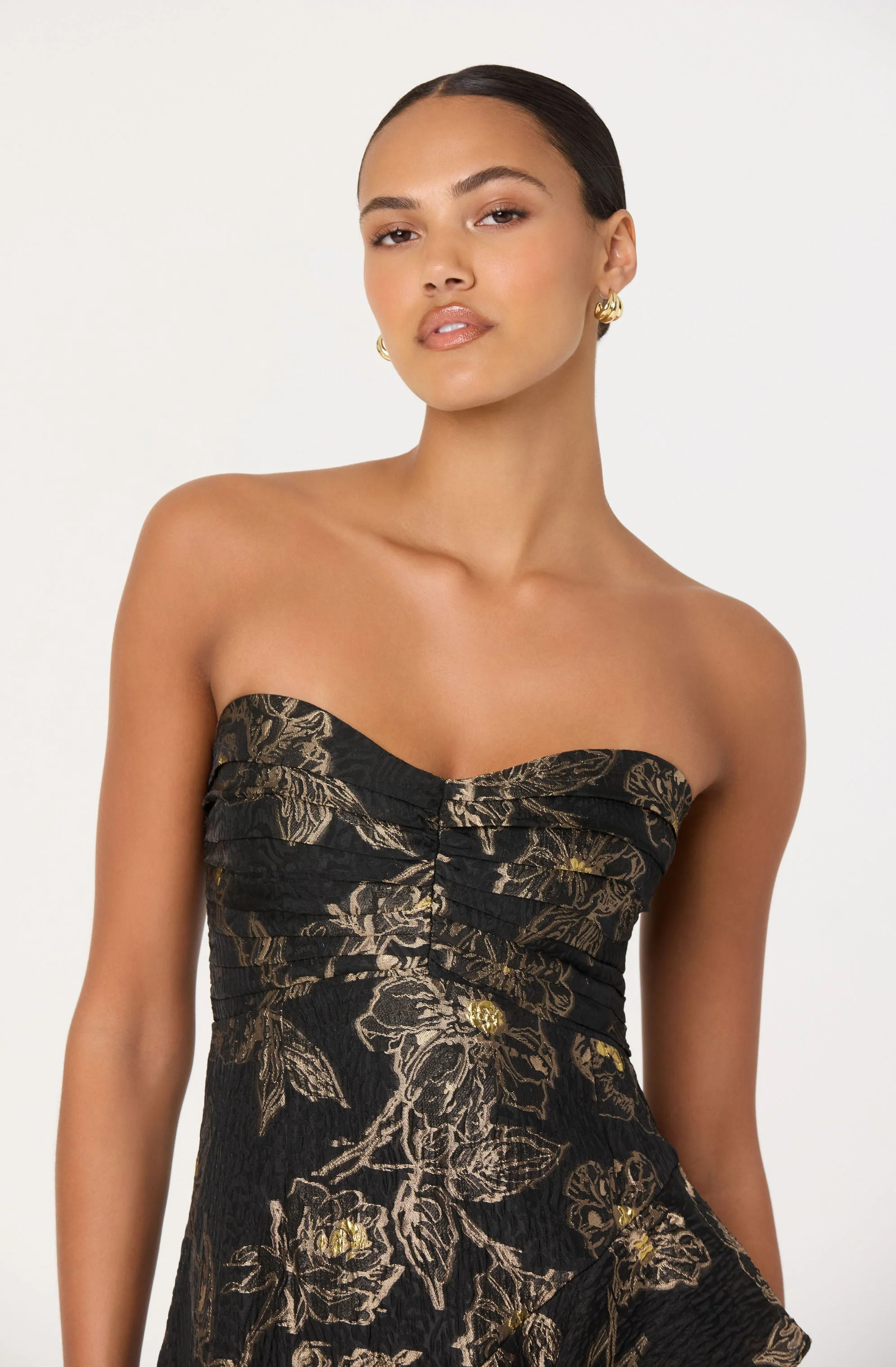 Marysia Strapless Metallic Floral Midi Dress