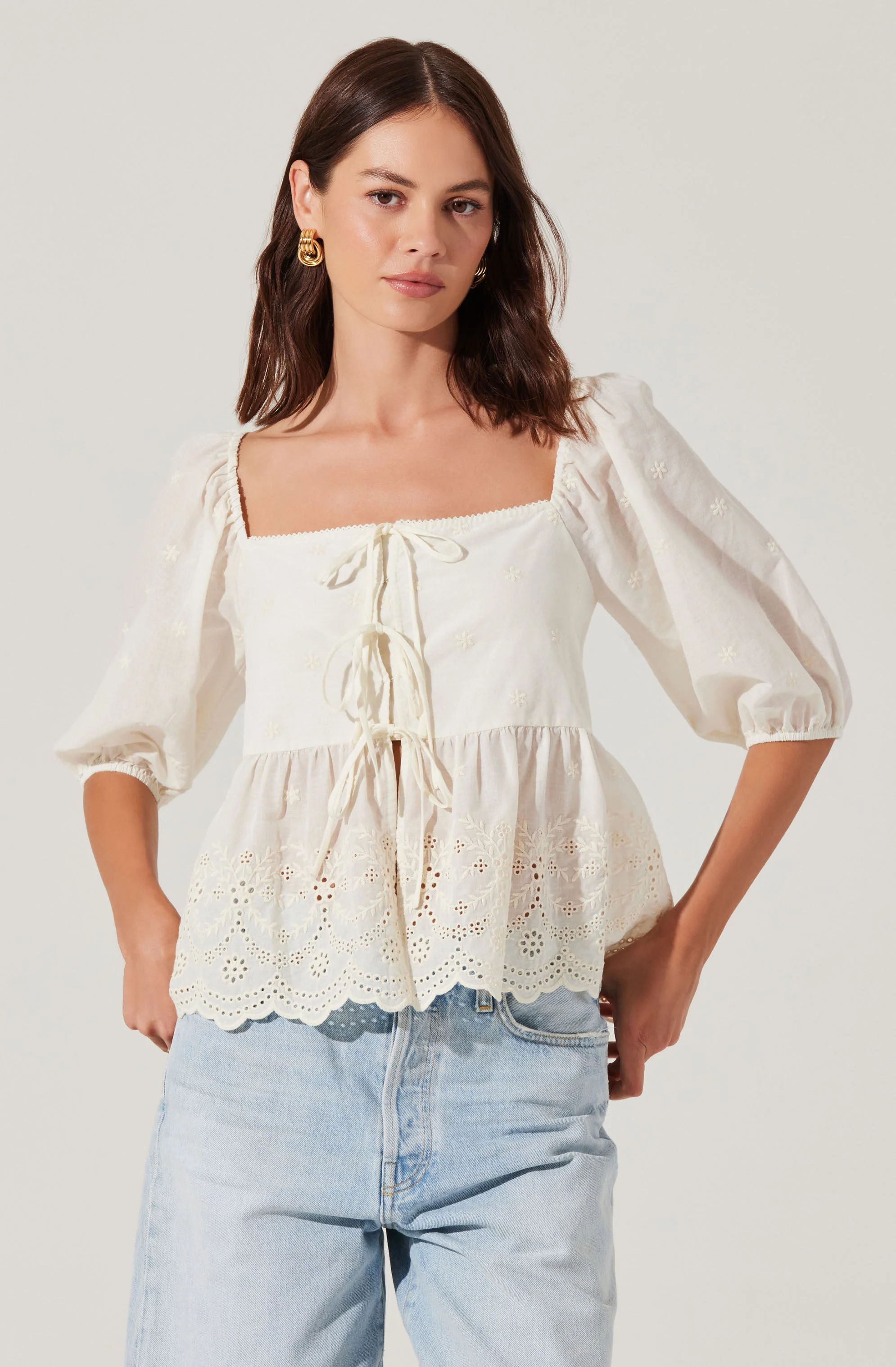 Ezmae Embroidered Tie-Front Top
