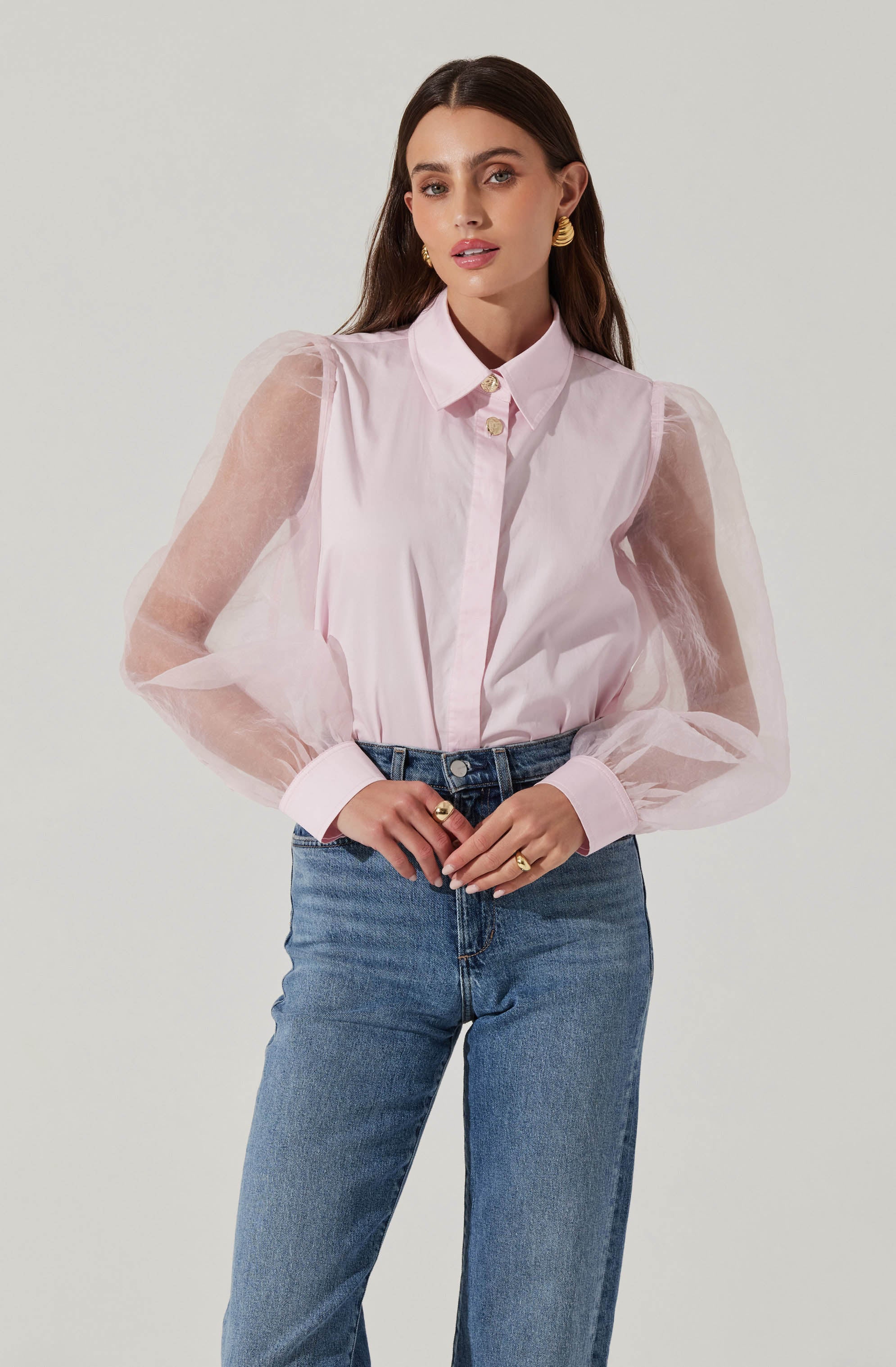 Sheer Sleeve Button Up Shirt