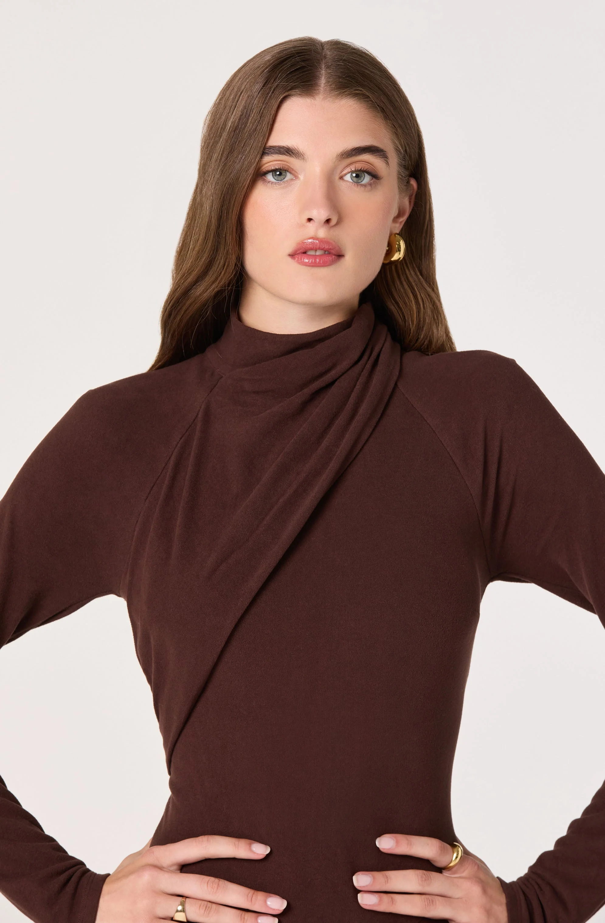 Asymmetric Draped Mock Neck Dress