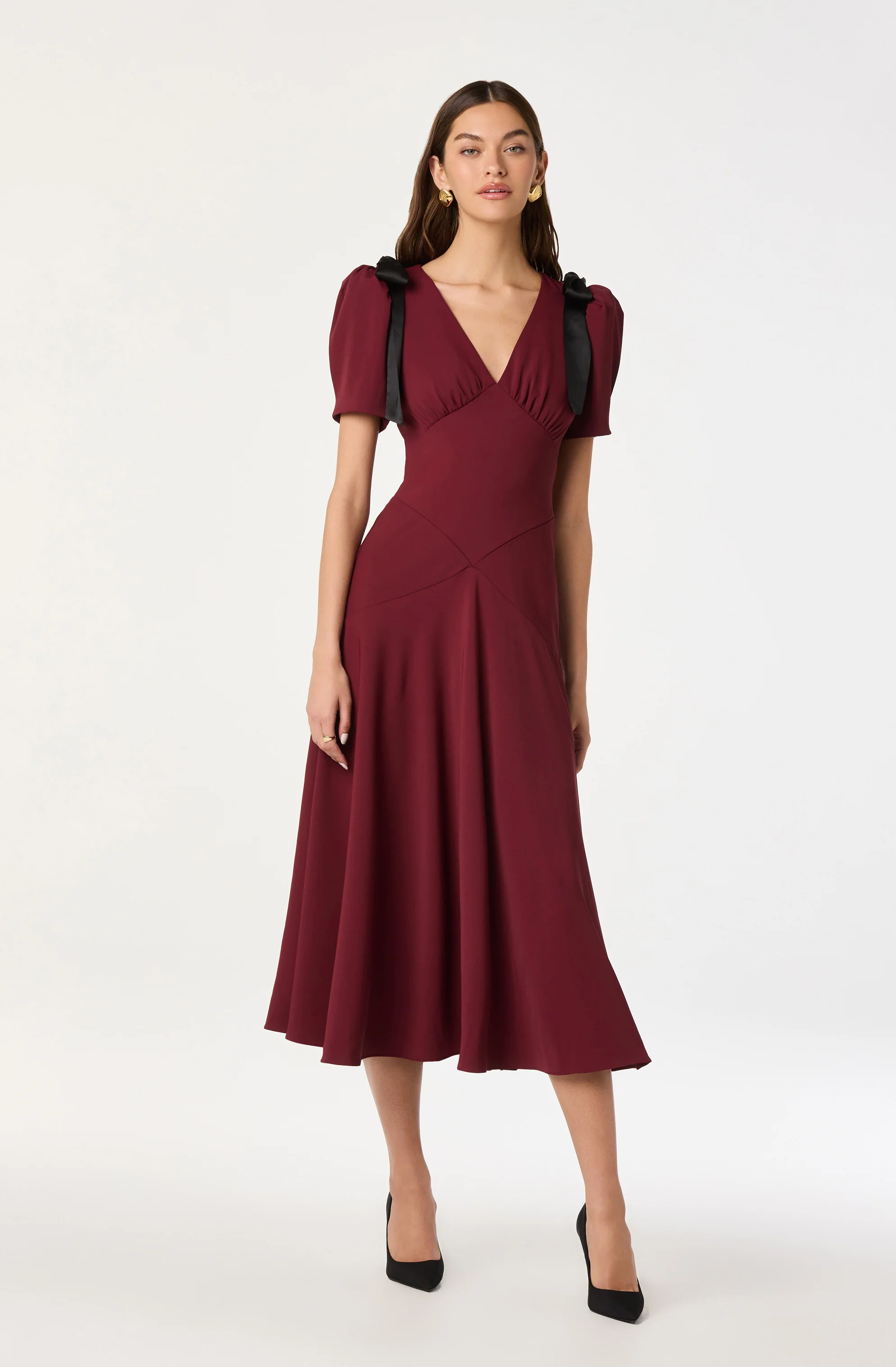 Ciela Bow Puff Sleeve Midi Dress
