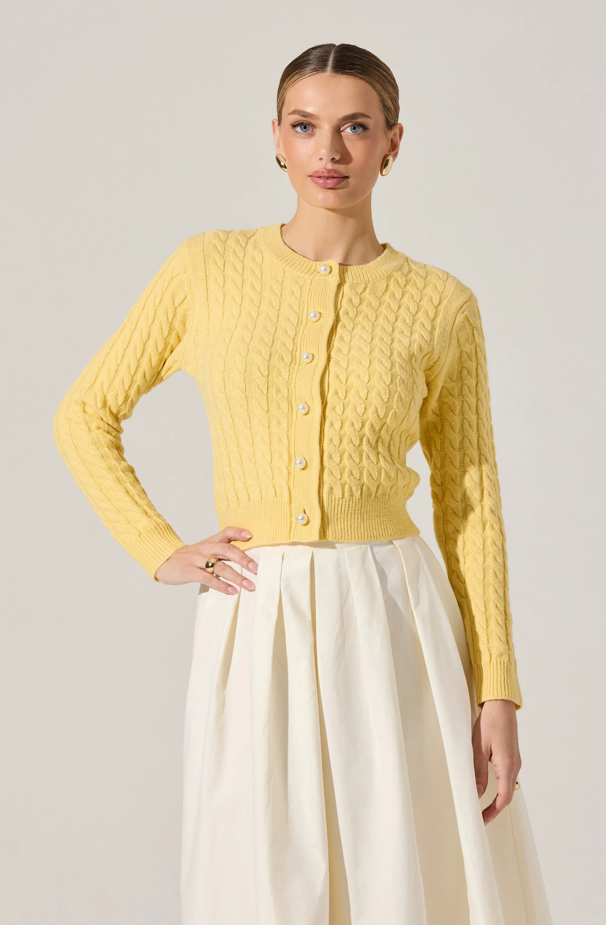 Pearl Button Cable Knit Cardigan