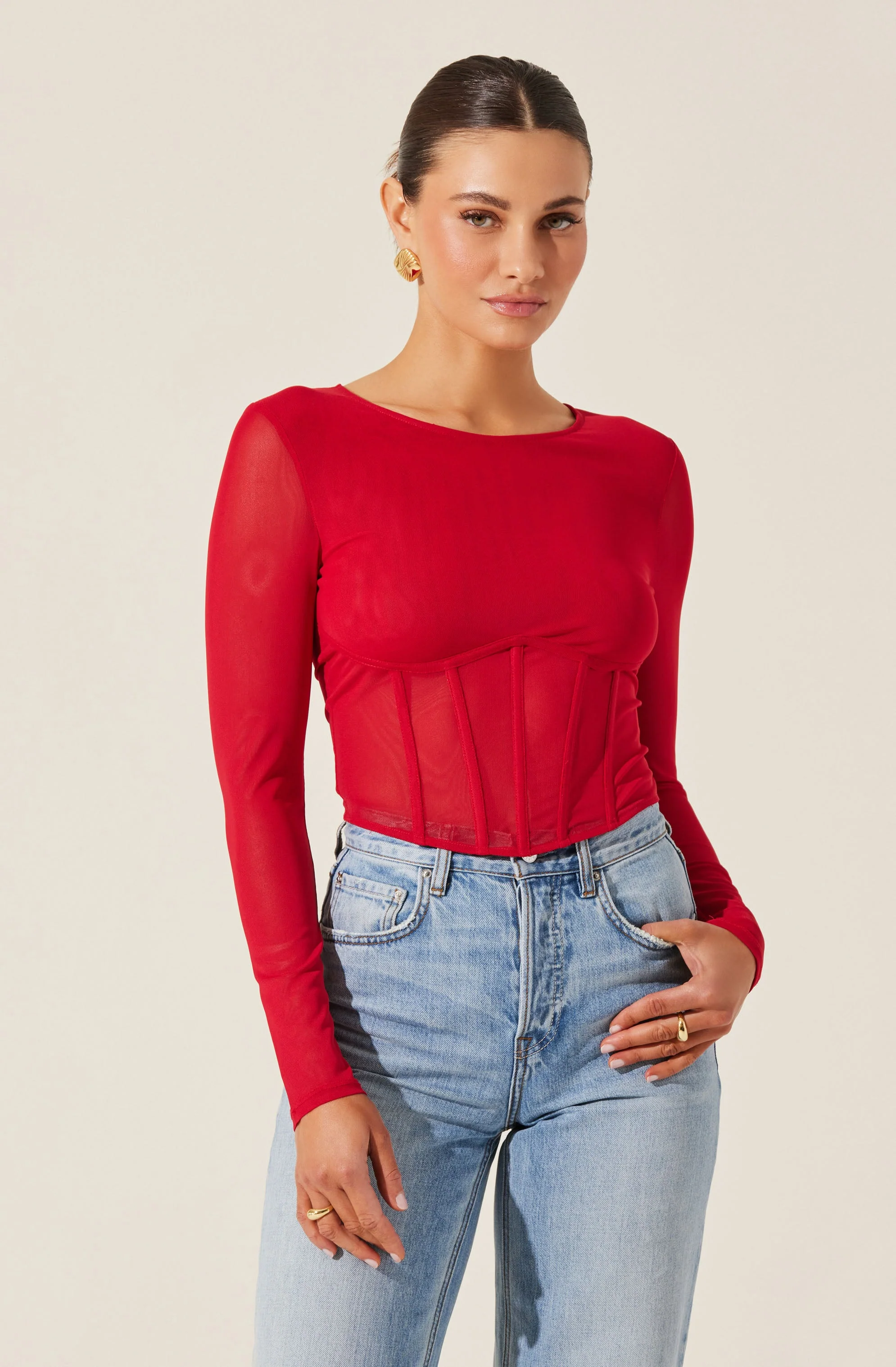 Long Sleeve Mesh Corset Top