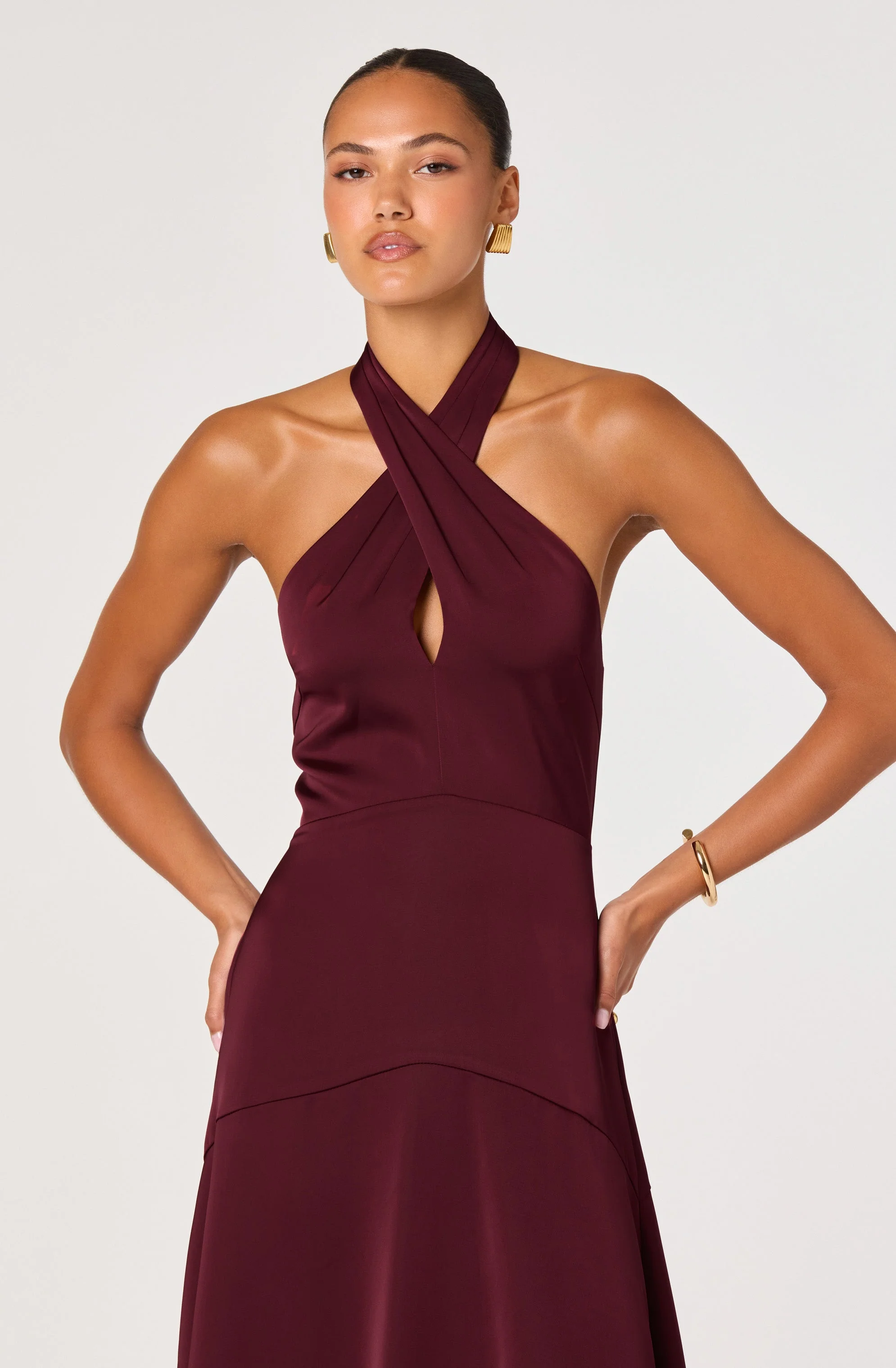 Satin Crossover Halter Midi Dress