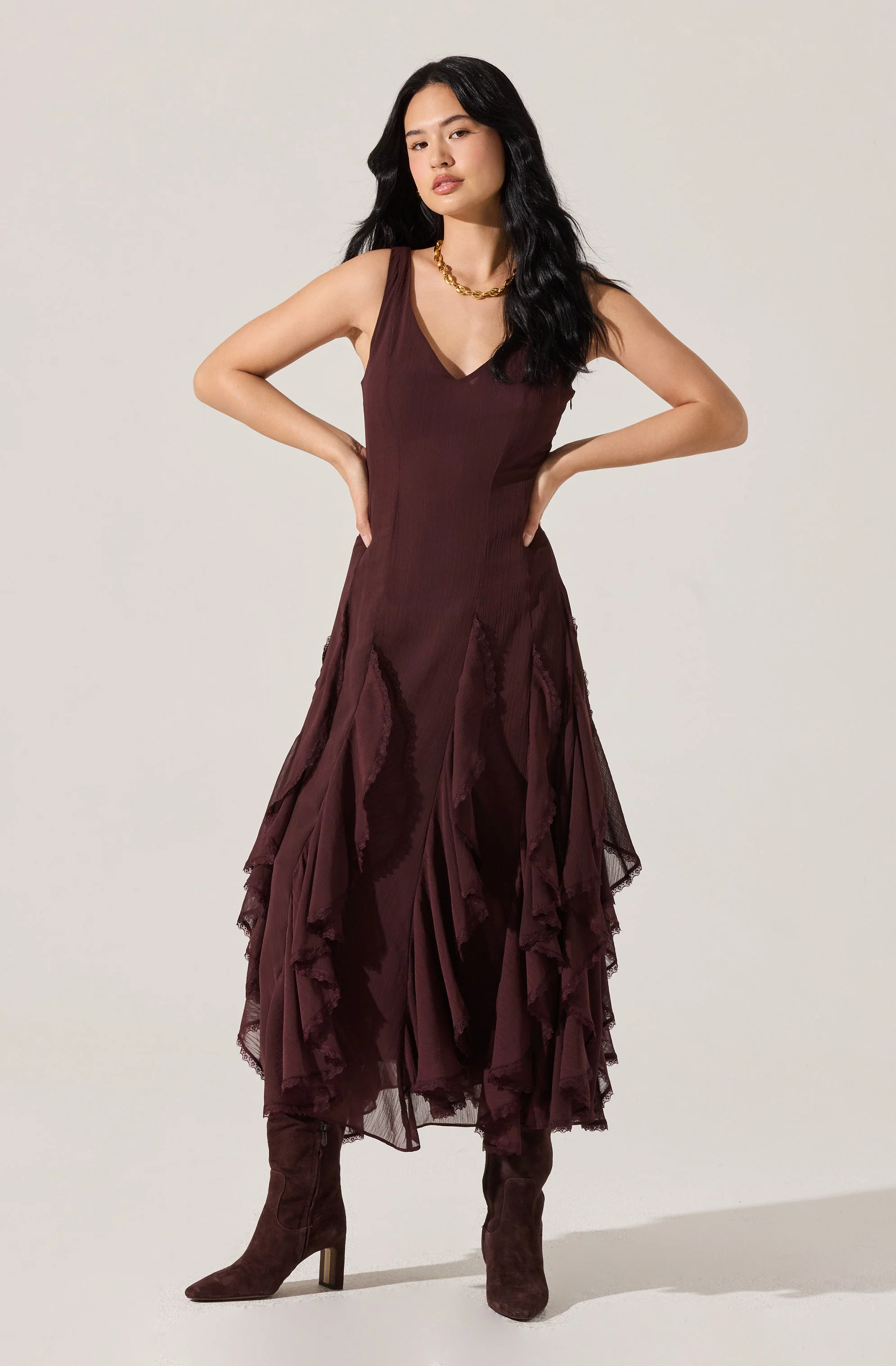 Philomene V-Neck Ruffle Trim Dress