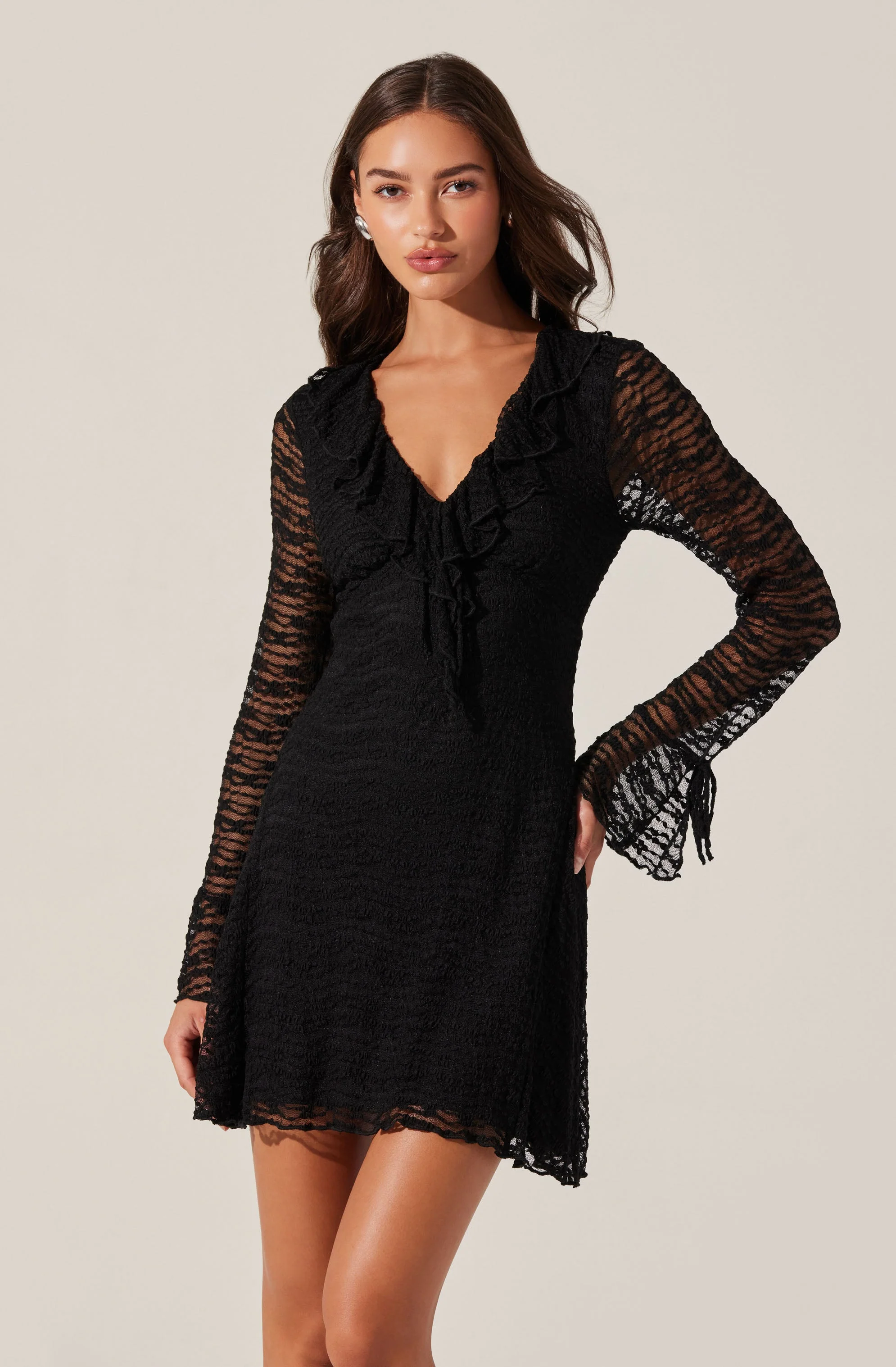 Ruffle V-Neck Lace Mini Dress