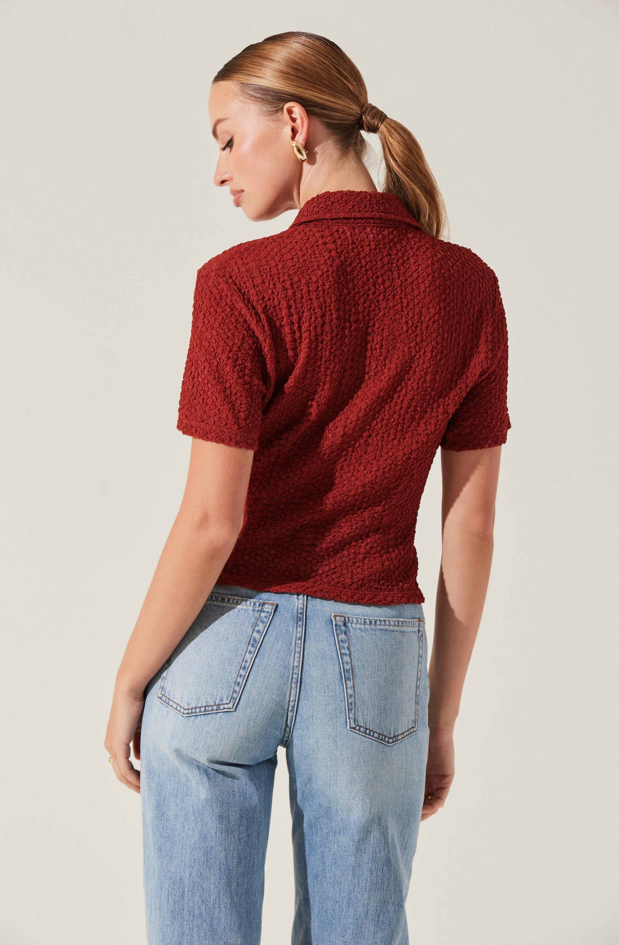 Textured Collared Hook-Closure Top