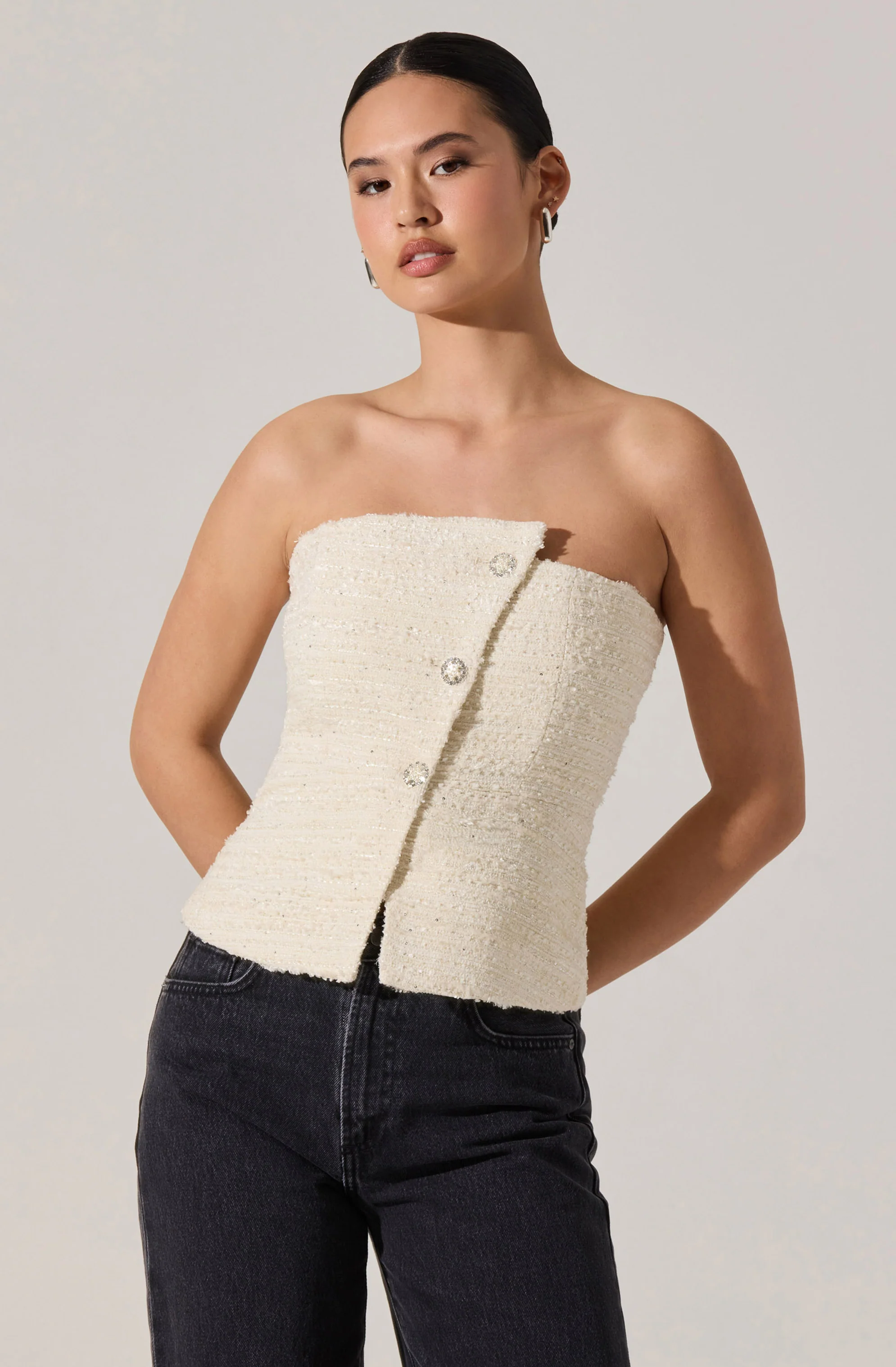 Moina Asymmetrical Strapless Tweed Top