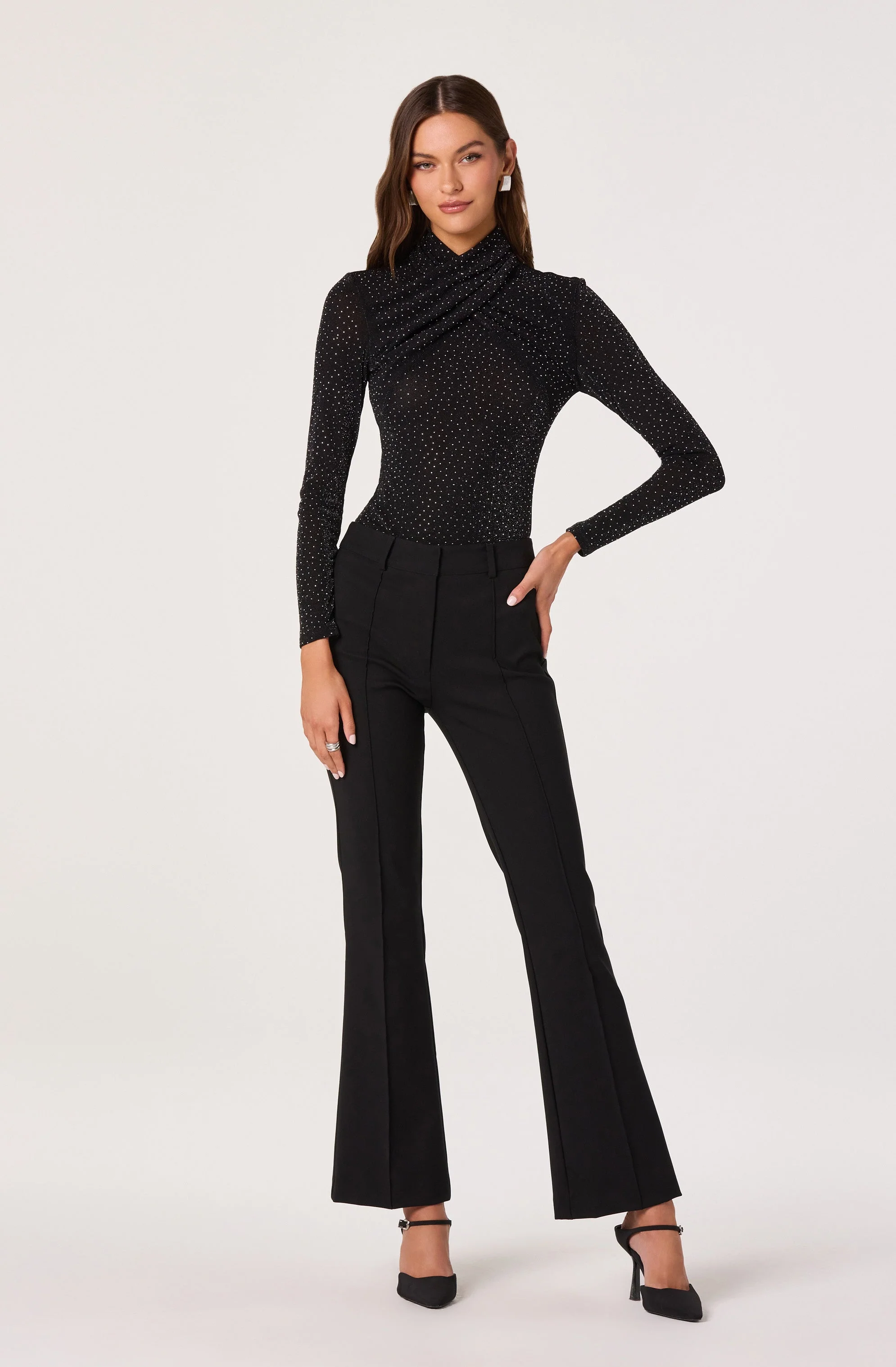 Embellished Crossover Mock Neck Top