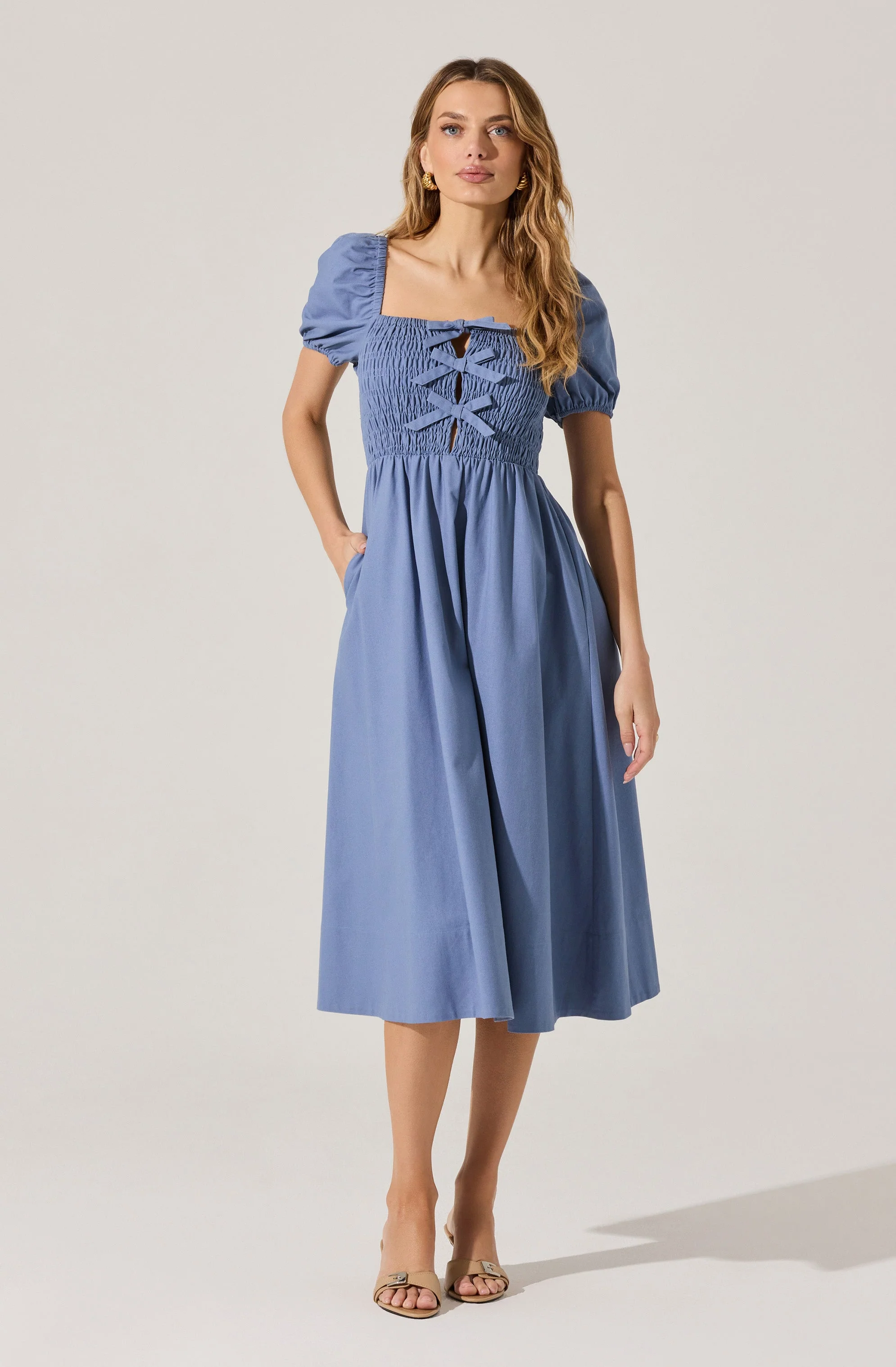 Smocked Bow Midi Dress