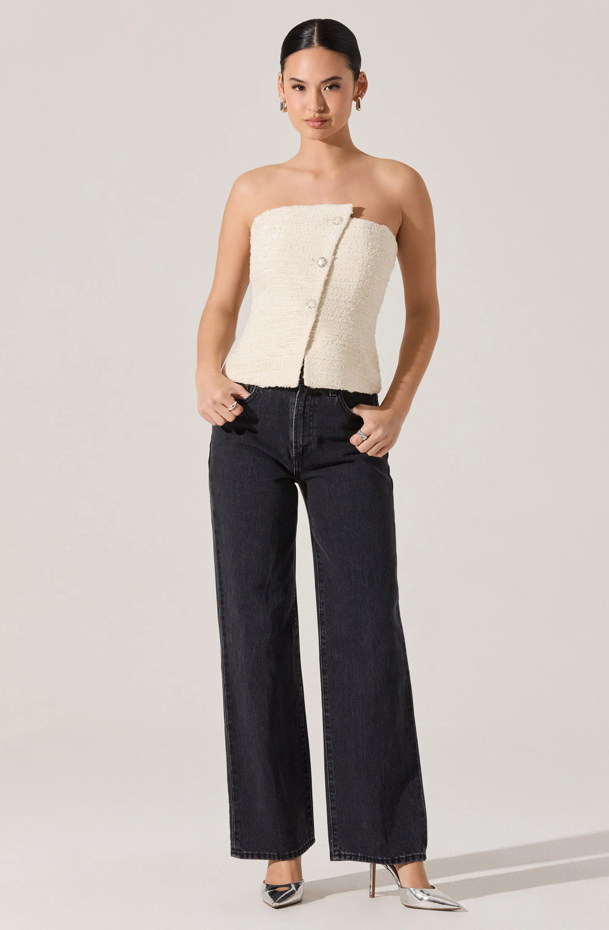 Moina Asymmetrical Strapless Tweed Top